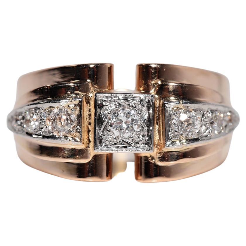 Antique 18k Gold Handcrafted Natural Diamond Decorated Strong Tank Ring