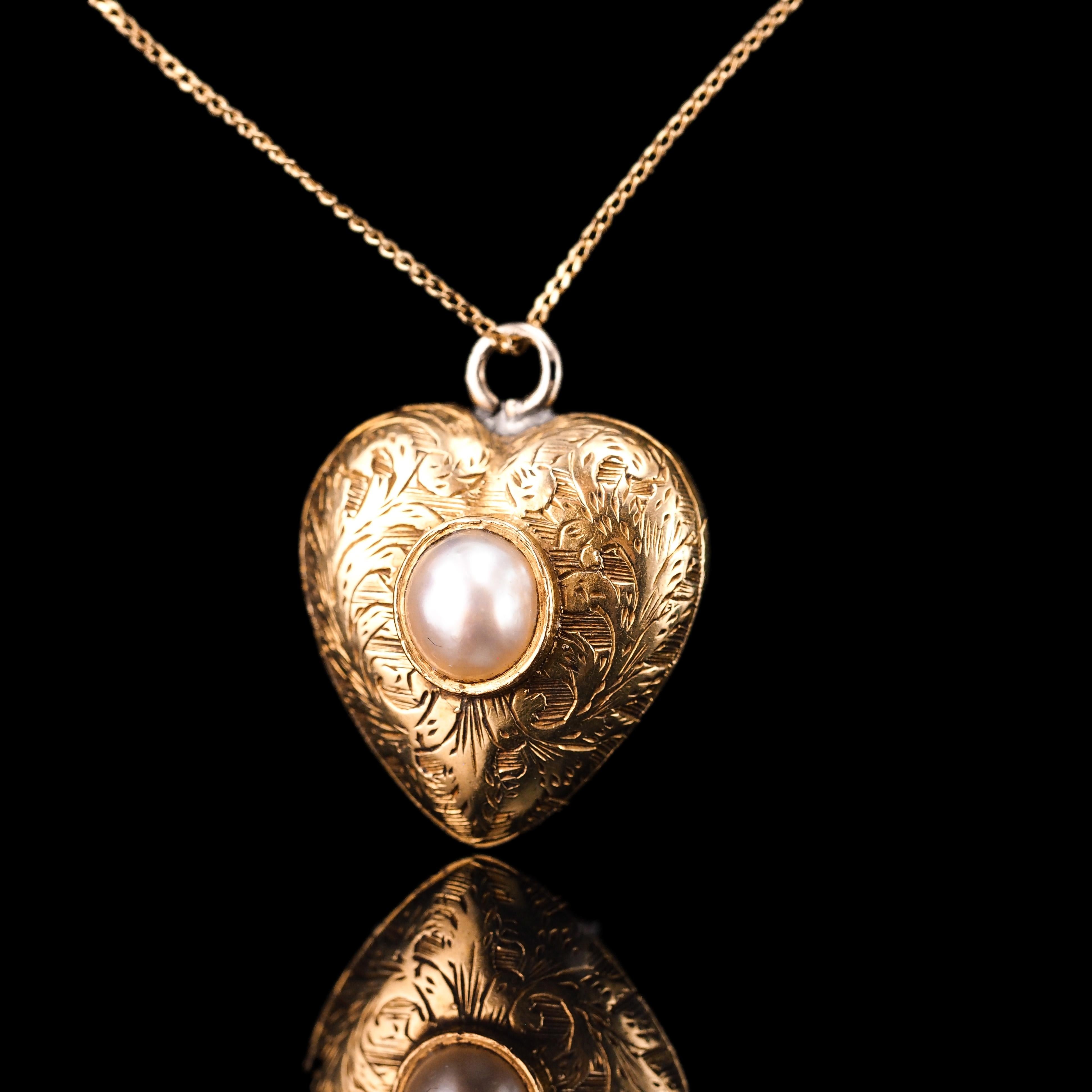 Antique 18K Gold Heart Charm Pendant Necklace with Pearl - Victorian c.1890 5
