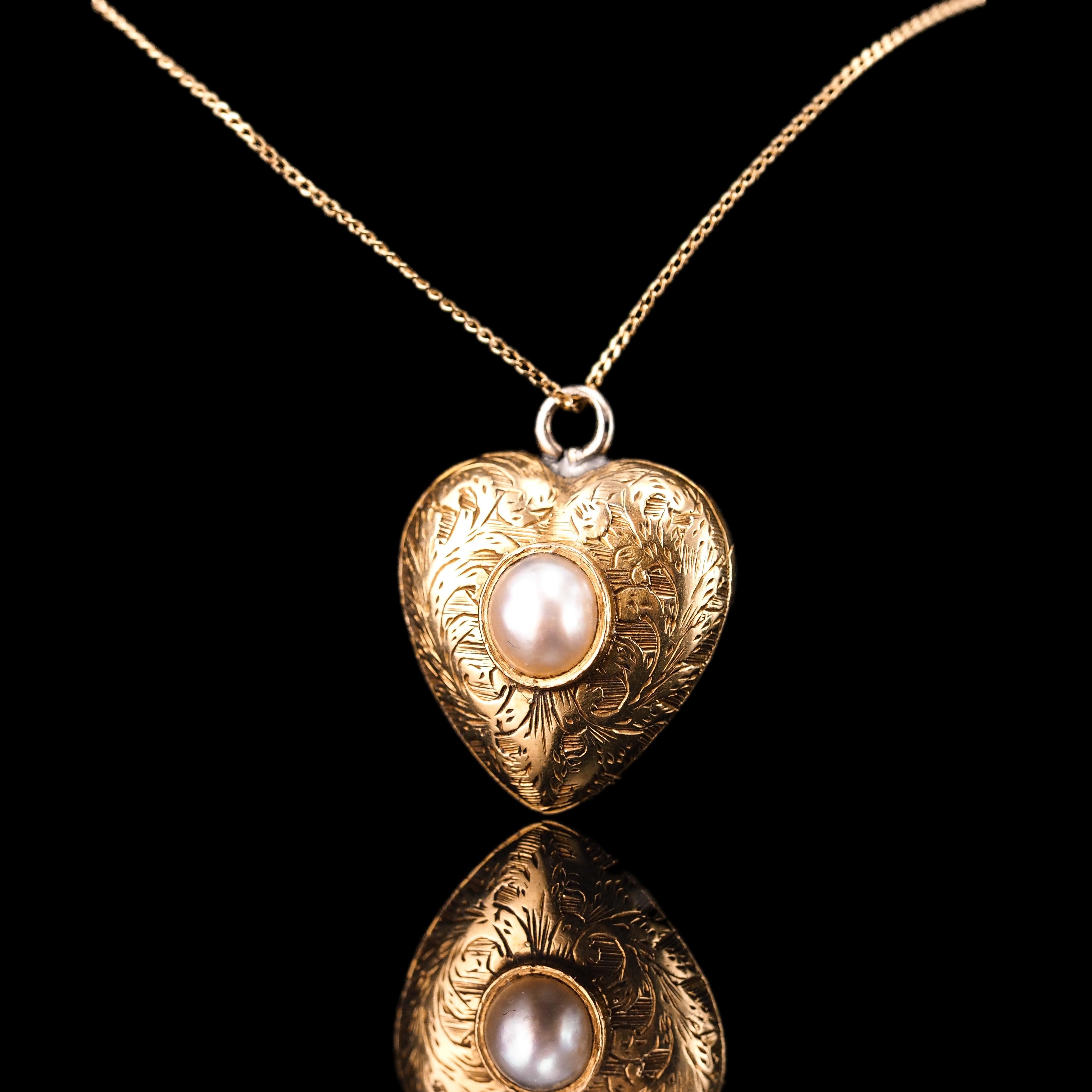 Antique 18K Gold Heart Charm Pendant Necklace with Pearl - Victorian c.1890 6