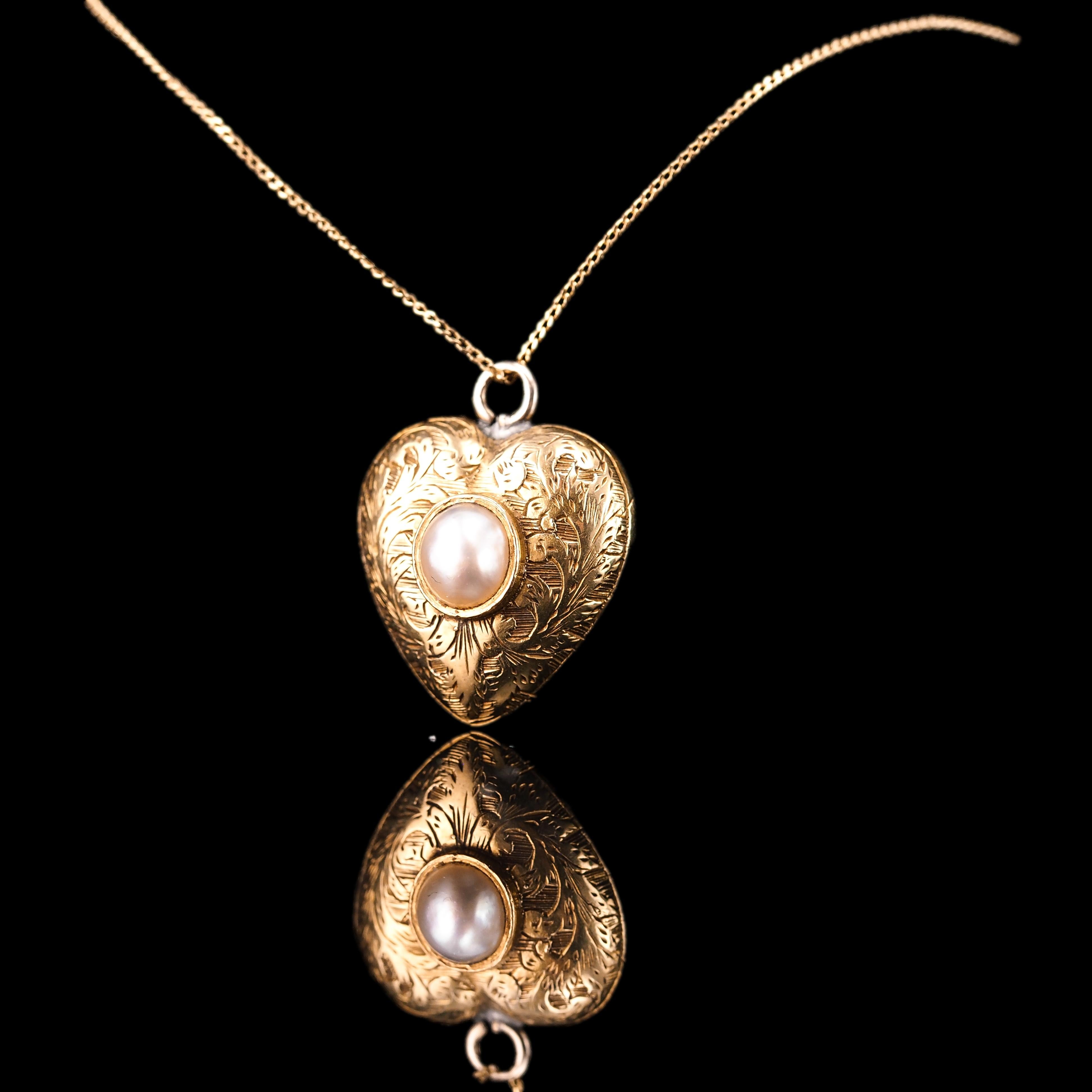 Antique 18K Gold Heart Charm Pendant Necklace with Pearl - Victorian c.1890 7