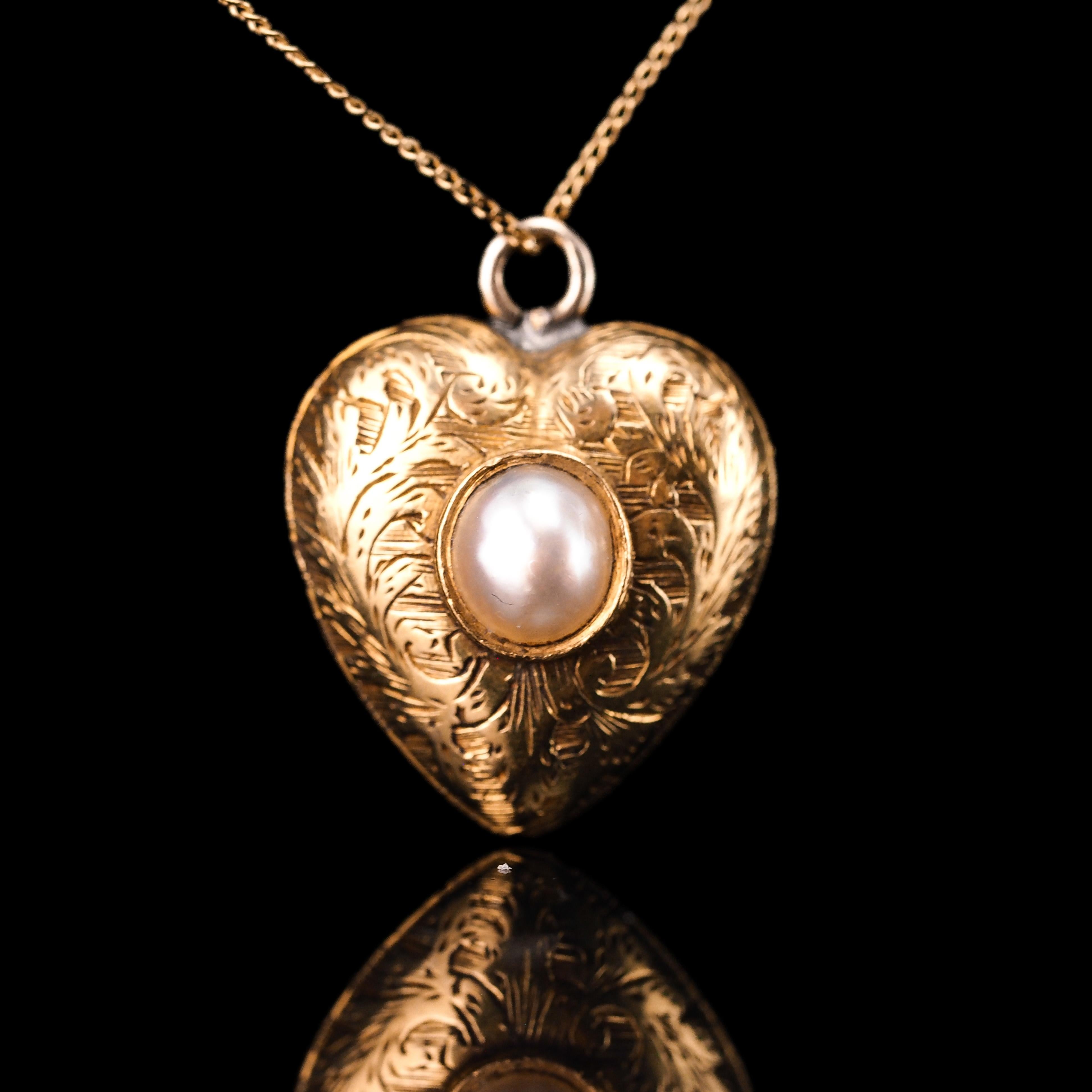 Antique 18K Gold Heart Charm Pendant Necklace with Pearl - Victorian c.1890 8