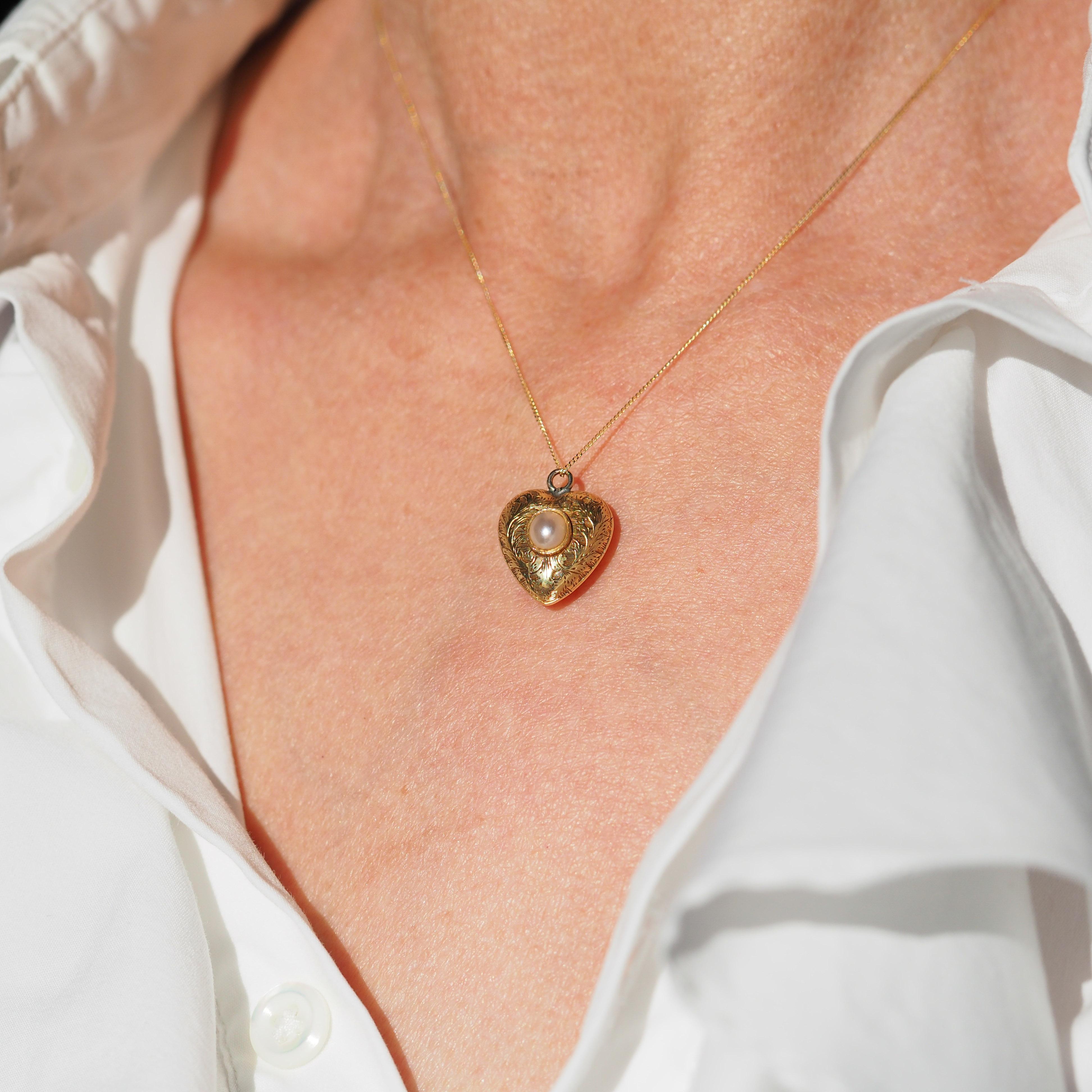 Antique 18K Gold Heart Charm Pendant Necklace with Pearl - Victorian c.1890 10