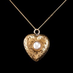 Antique 18K Gold Heart Charm Pendant Necklace with Pearl - Victorian c.1890