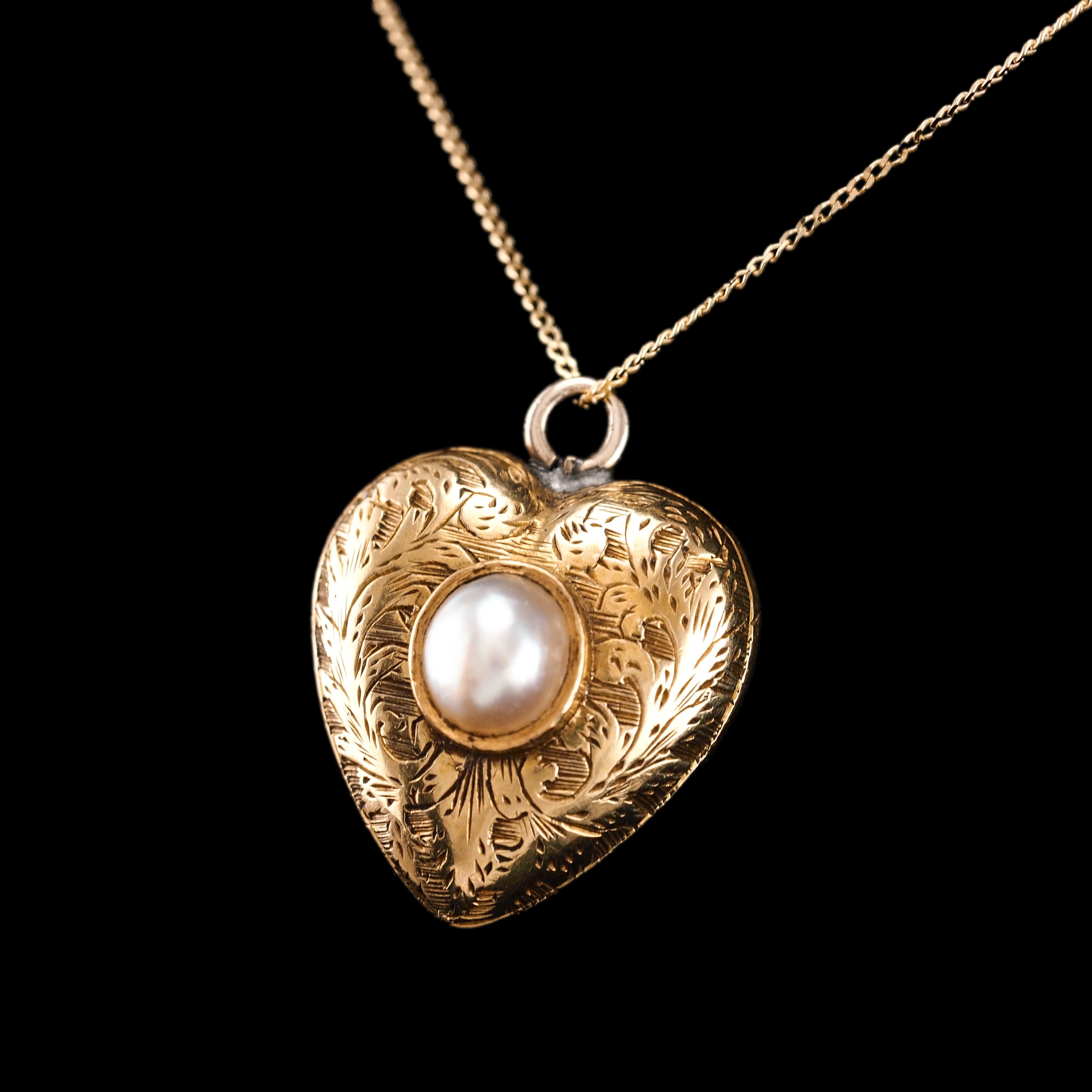 Round Cut Antique 18K Gold Heart Charm Pendant Necklace with Pearl - Victorian c.1890