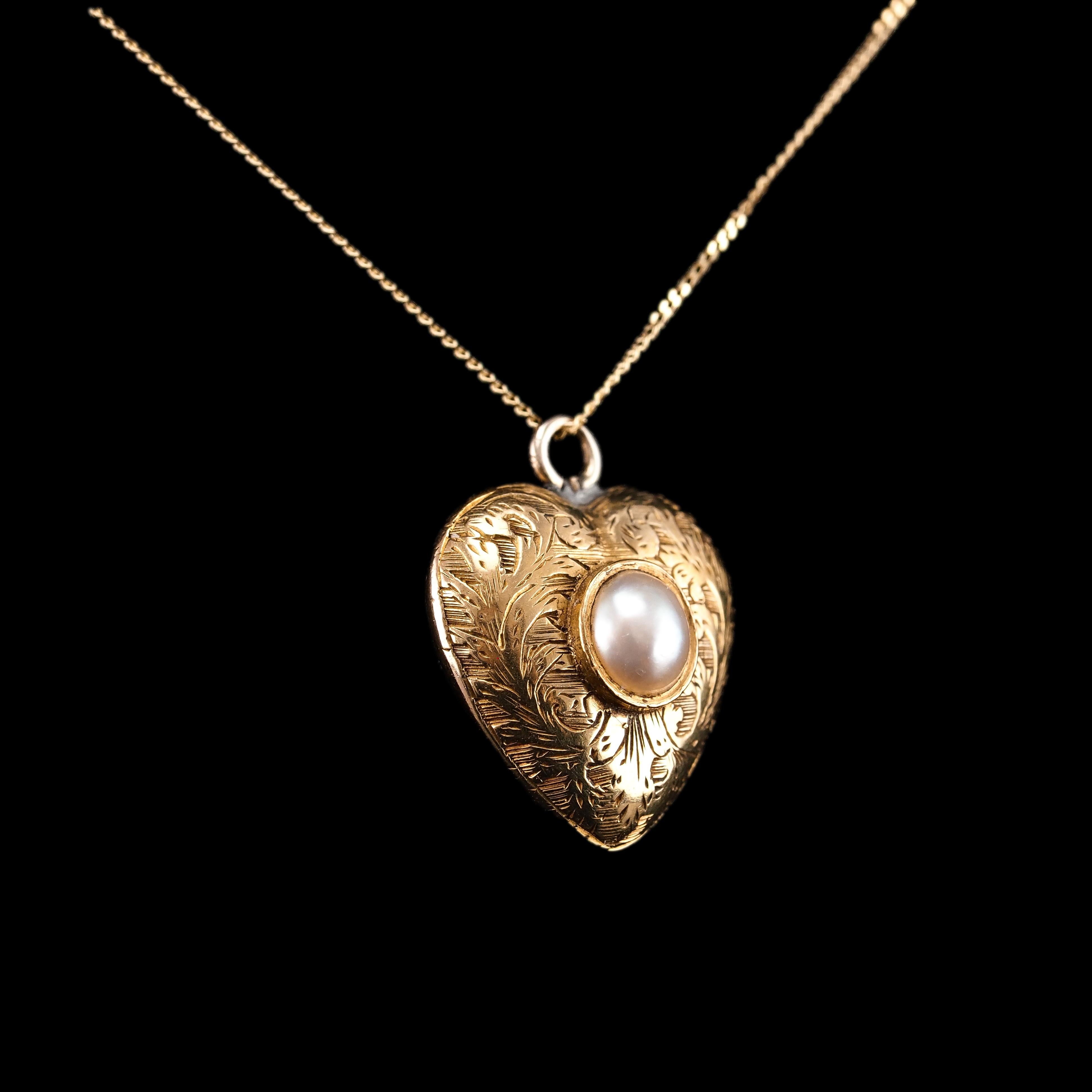 Women's or Men's Antique 18K Gold Heart Charm Pendant Necklace with Pearl - Victorian c.1890