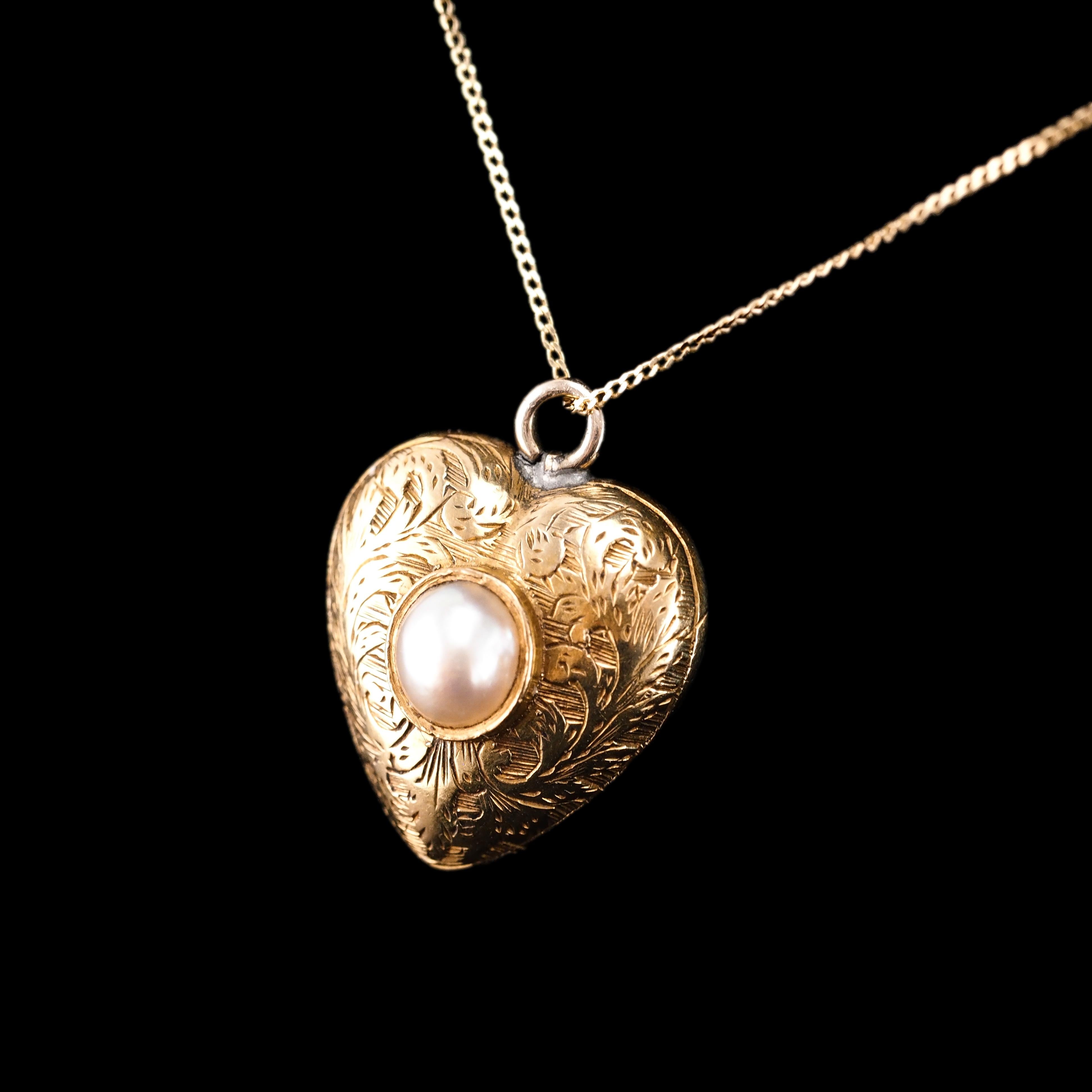 Antique 18K Gold Heart Charm Pendant Necklace with Pearl - Victorian c.1890 1