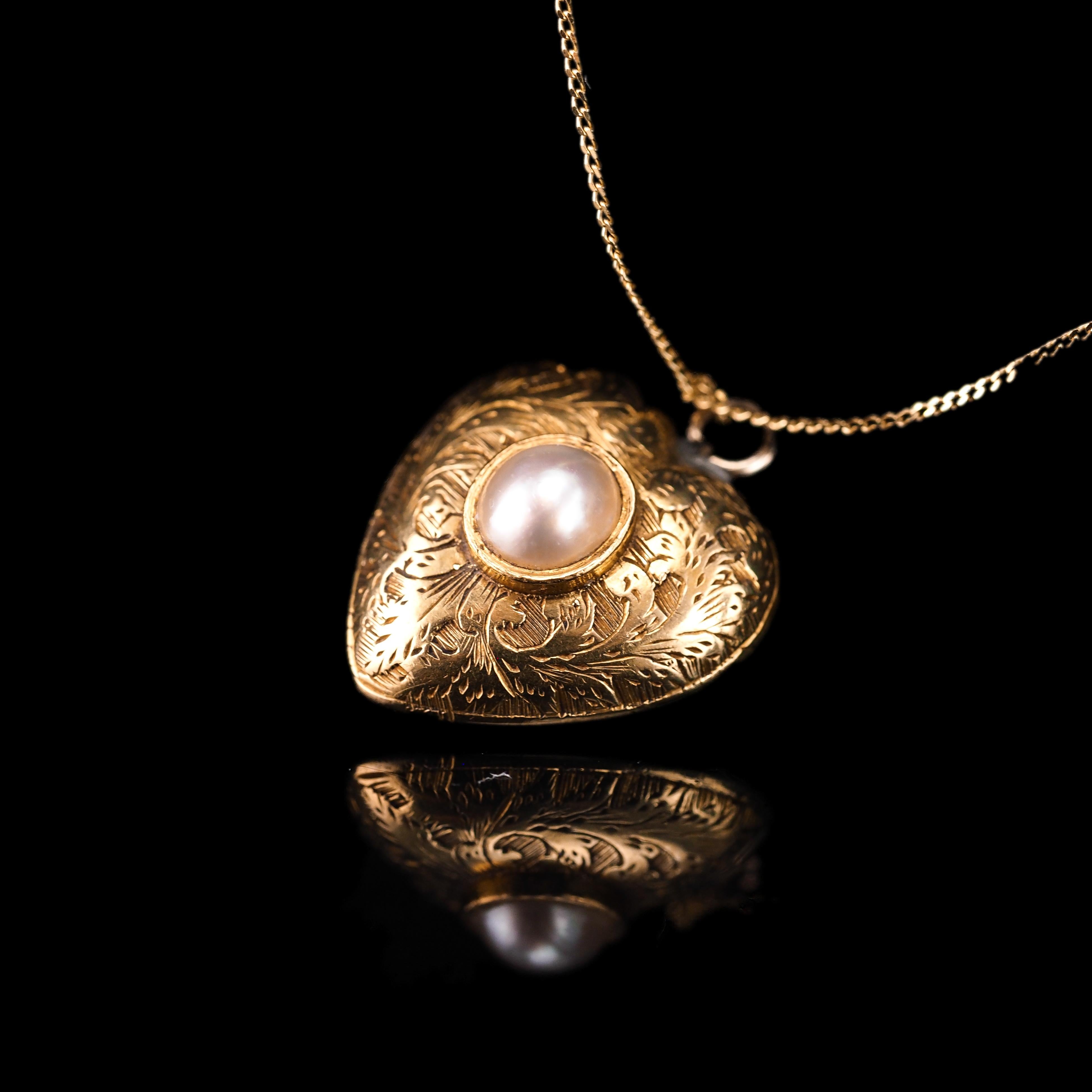 Antique 18K Gold Heart Charm Pendant Necklace with Pearl - Victorian c.1890 4