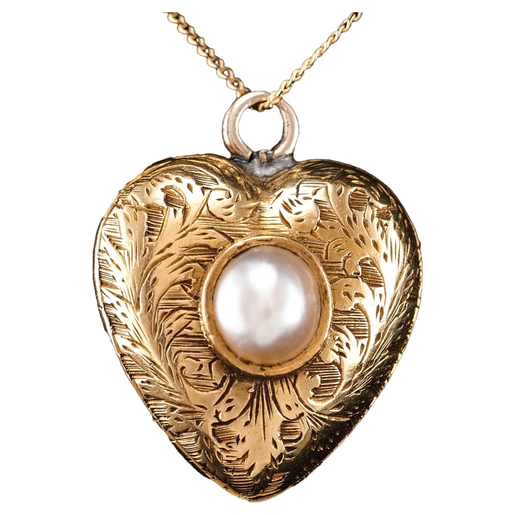 Antique 18K Gold Heart Charm Pendant Necklace with Pearl - Victorian c.1890
