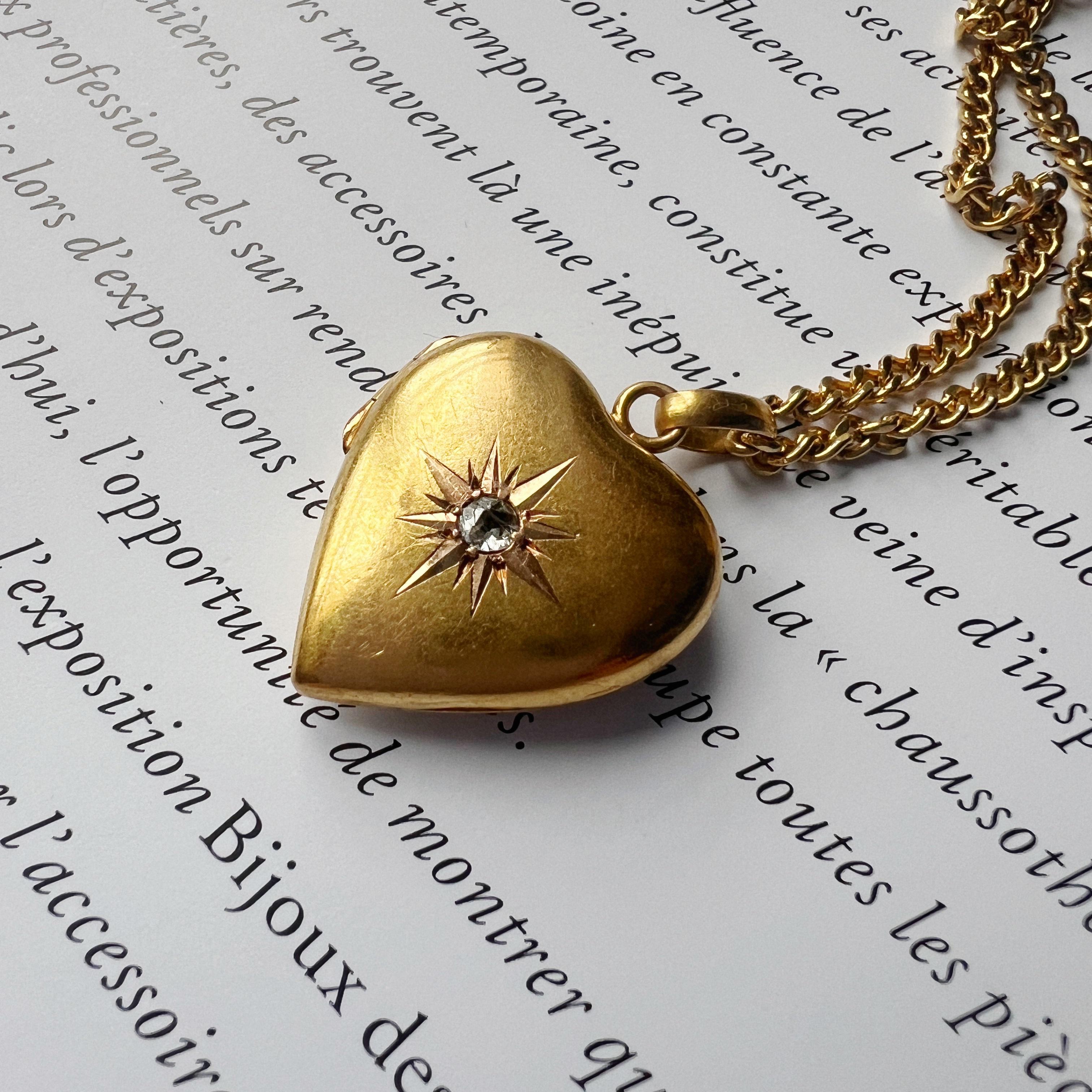 Antique 18K gold heart shaped diamond star locket pendant For Sale 1