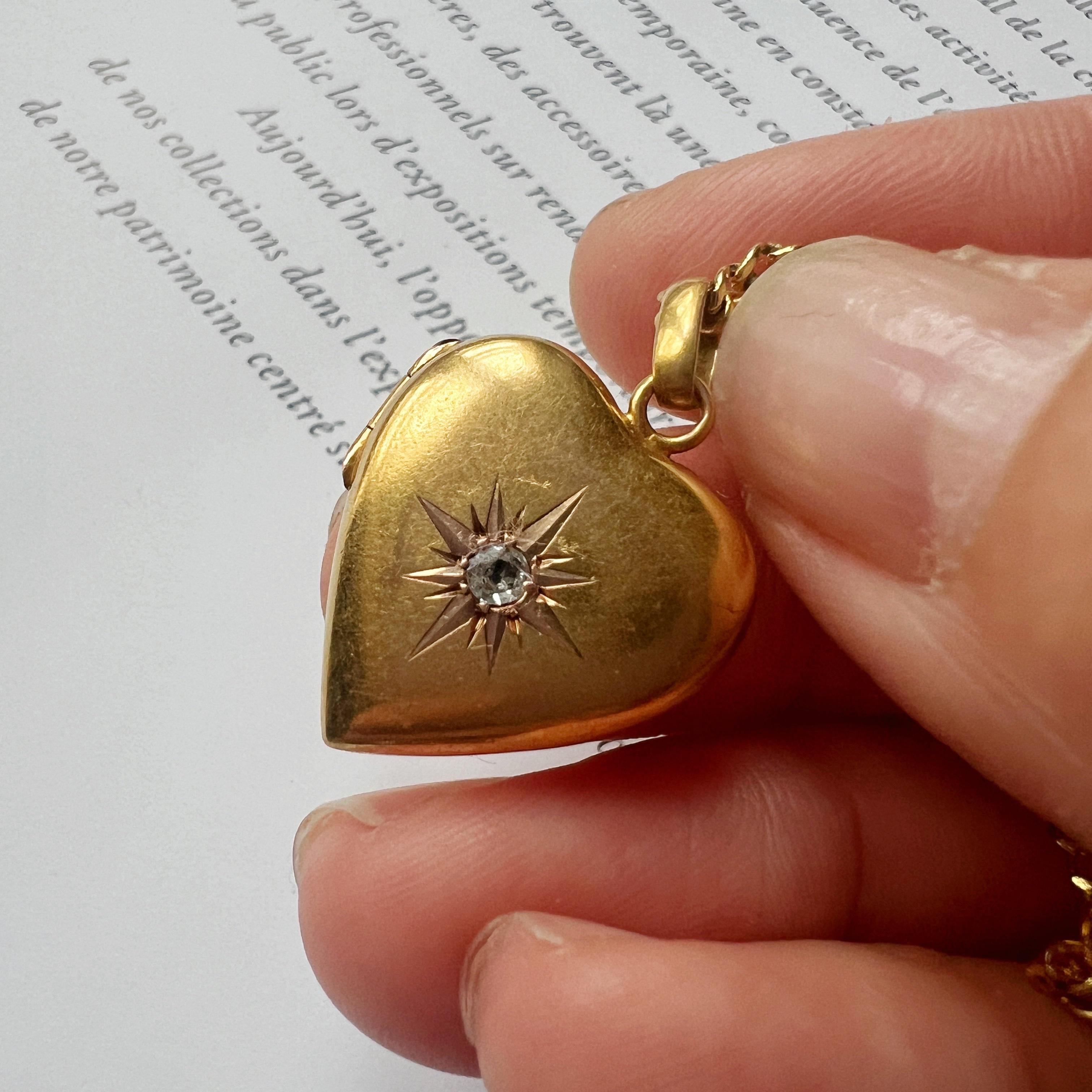 Antique 18K gold heart shaped diamond star locket pendant For Sale 3