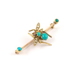 18 Karat Gold Insect Bug Pin, Set with Turquoise Pearls Rubies, circa 1900