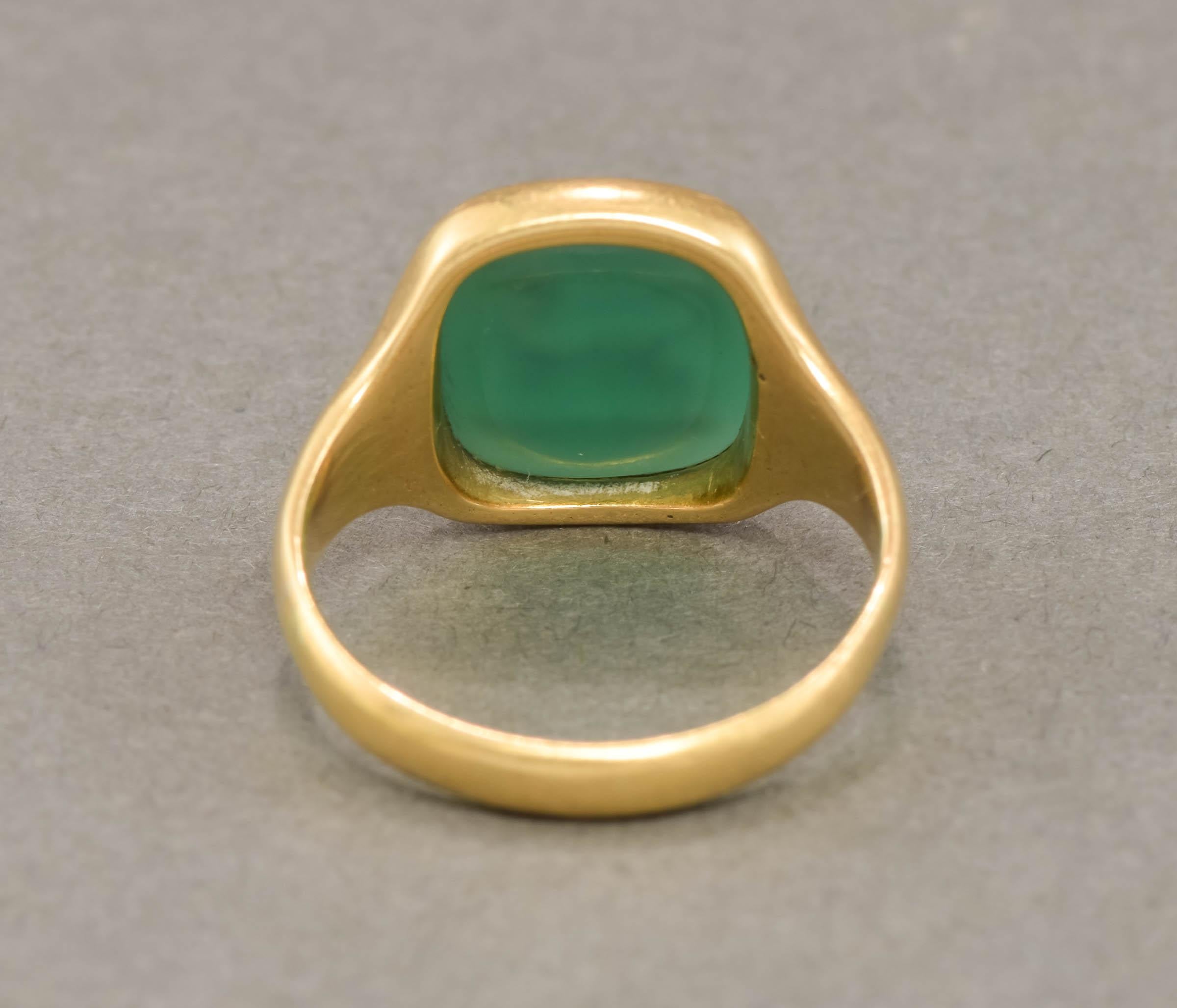 Antique 18K Gold Intaglio Dog Ring in Green Chalcedony 5