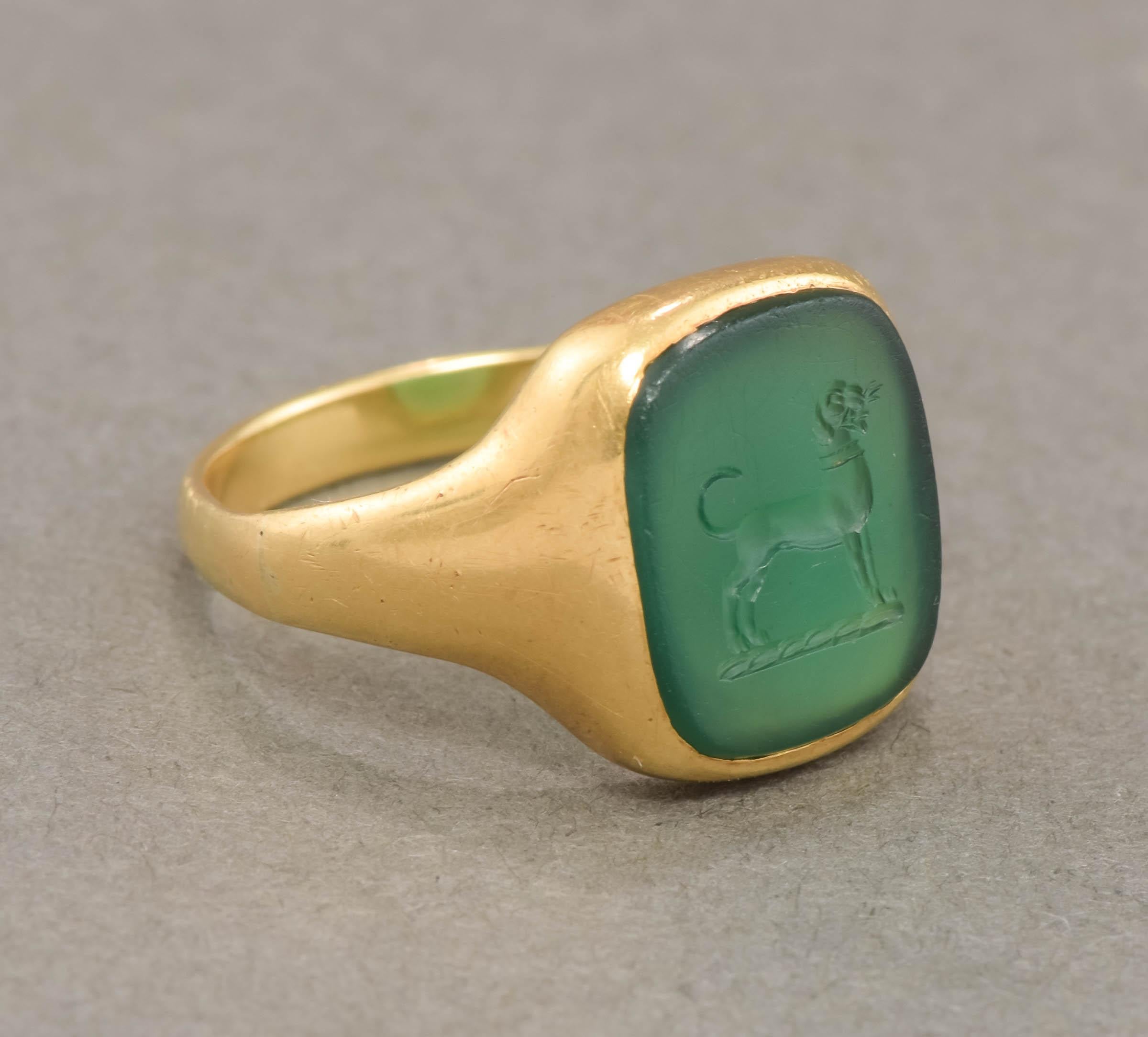 Antique 18K Gold Intaglio Dog Ring in Green Chalcedony 7