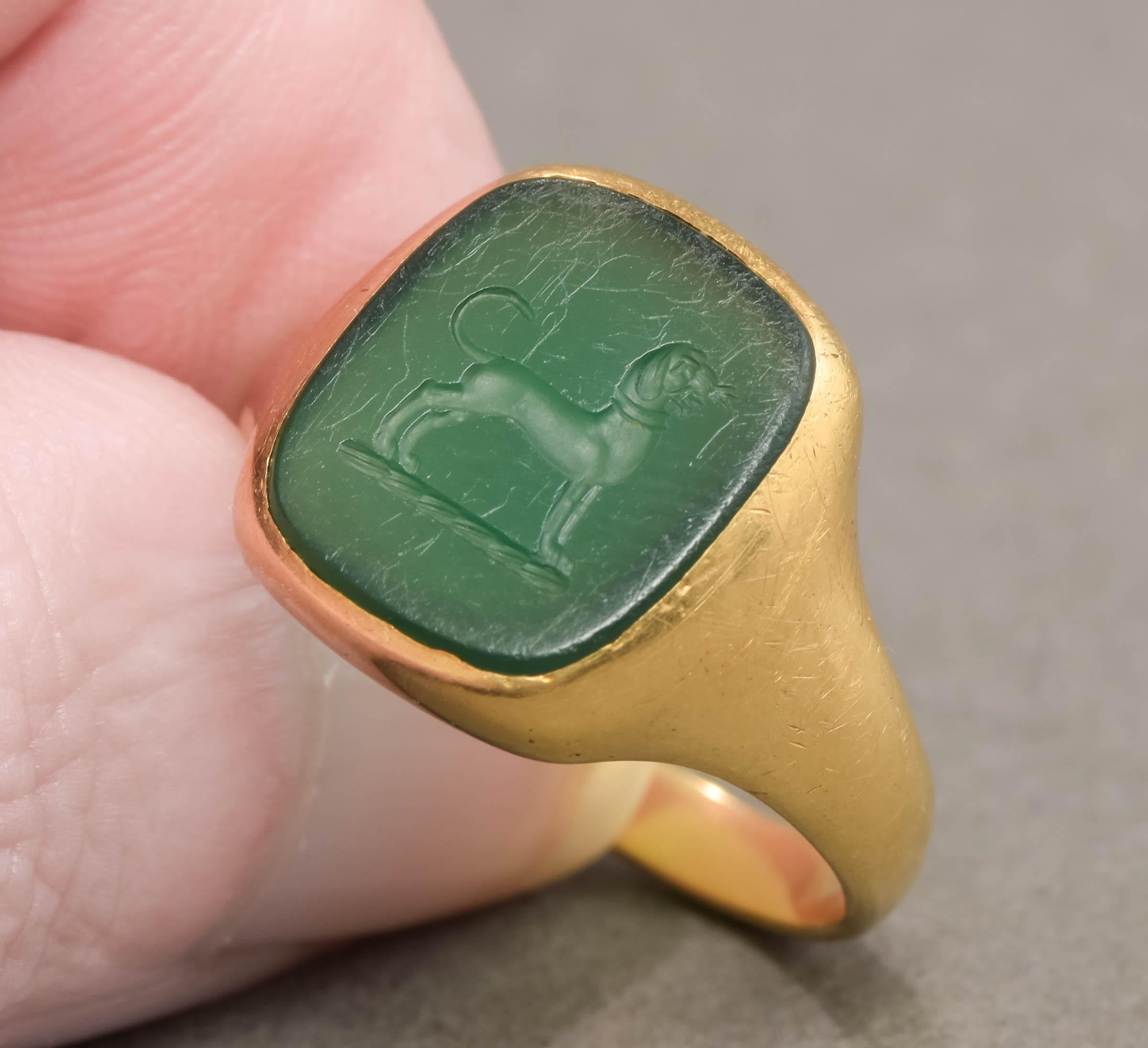 Antique 18K Gold Intaglio Dog Ring in Green Chalcedony 8