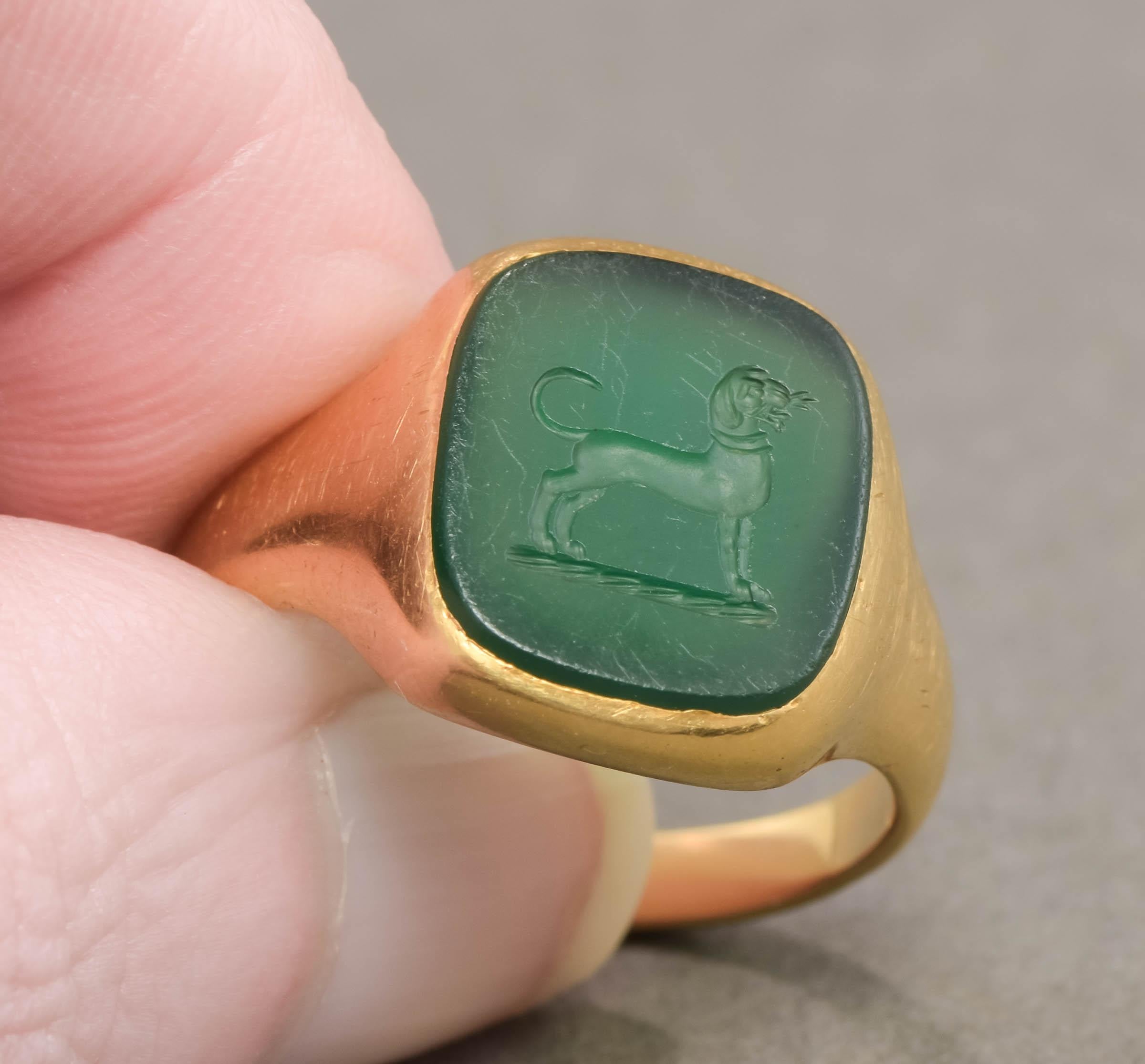 Antique 18K Gold Intaglio Dog Ring in Green Chalcedony 9