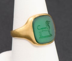 Antique 18K Gold Intaglio Dog Ring in Green Chalcedony
