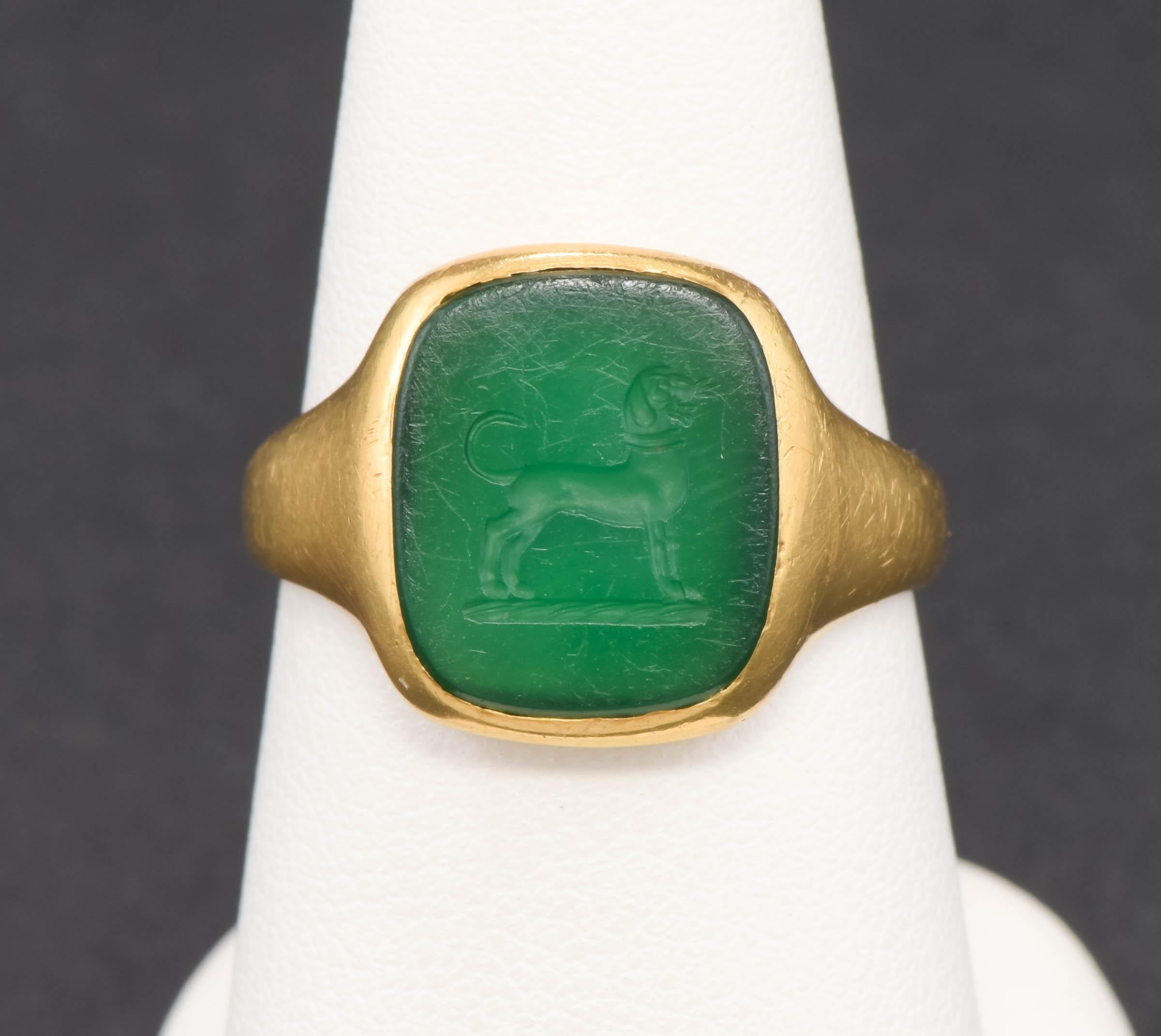 Cushion Cut Antique 18K Gold Intaglio Dog Ring in Green Chalcedony