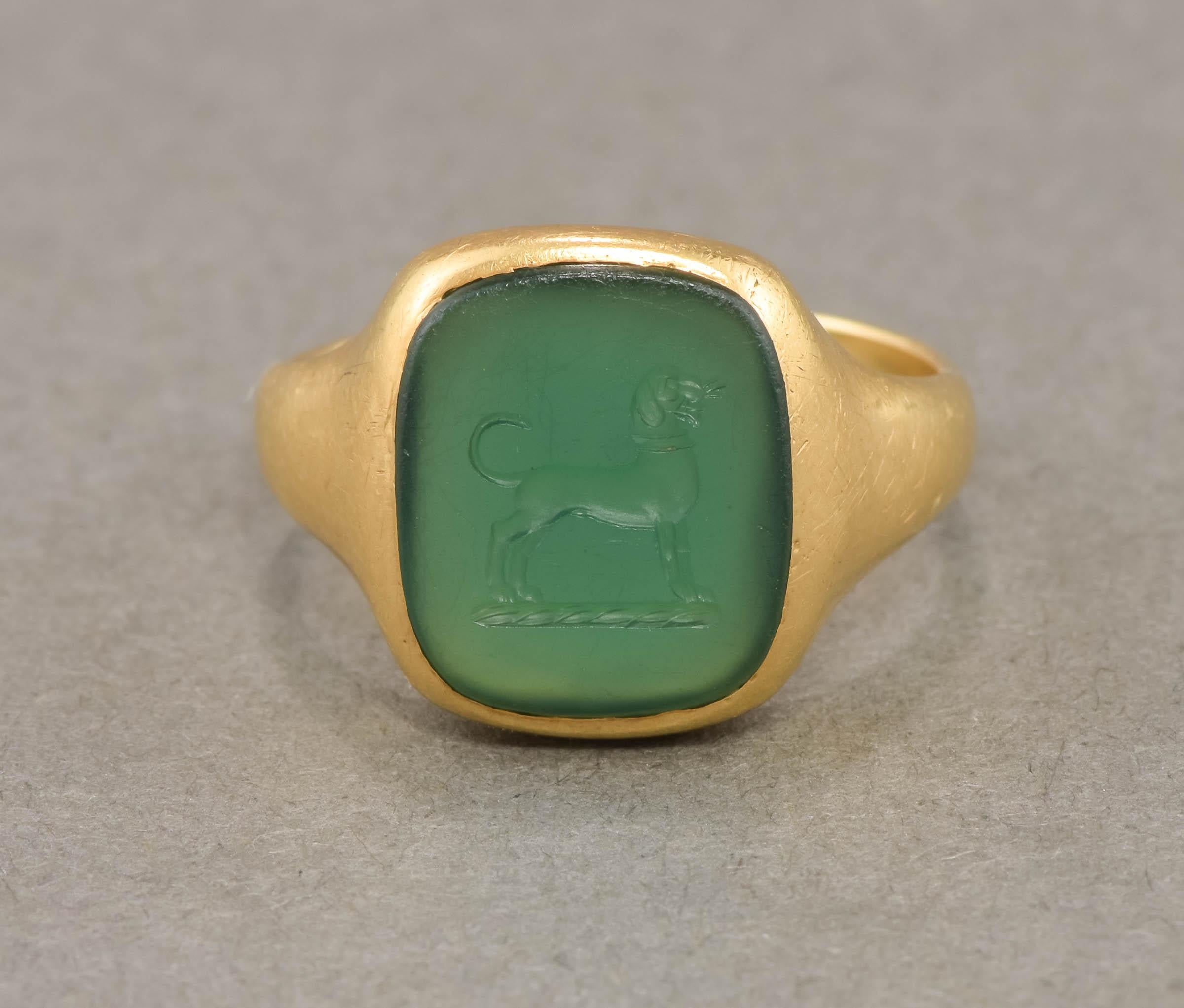 Antique 18K Gold Intaglio Dog Ring in Green Chalcedony 2