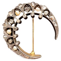 Antique 18K gold large Diamond Pearl Crescent Moon brooch