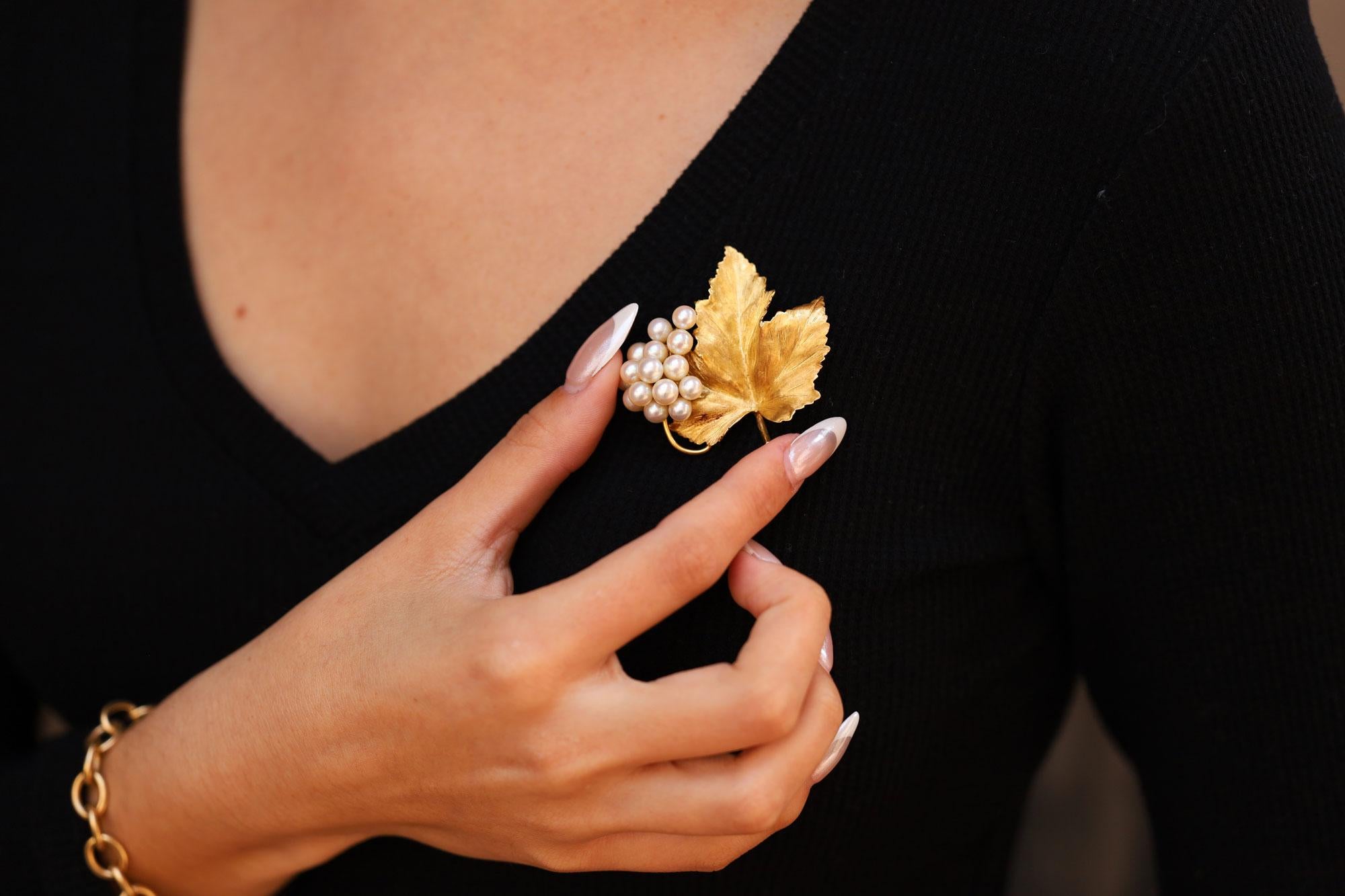 Uncut Antique 18k Gold Large Tiffany Grape Leaf Pearl Brooch For Sale