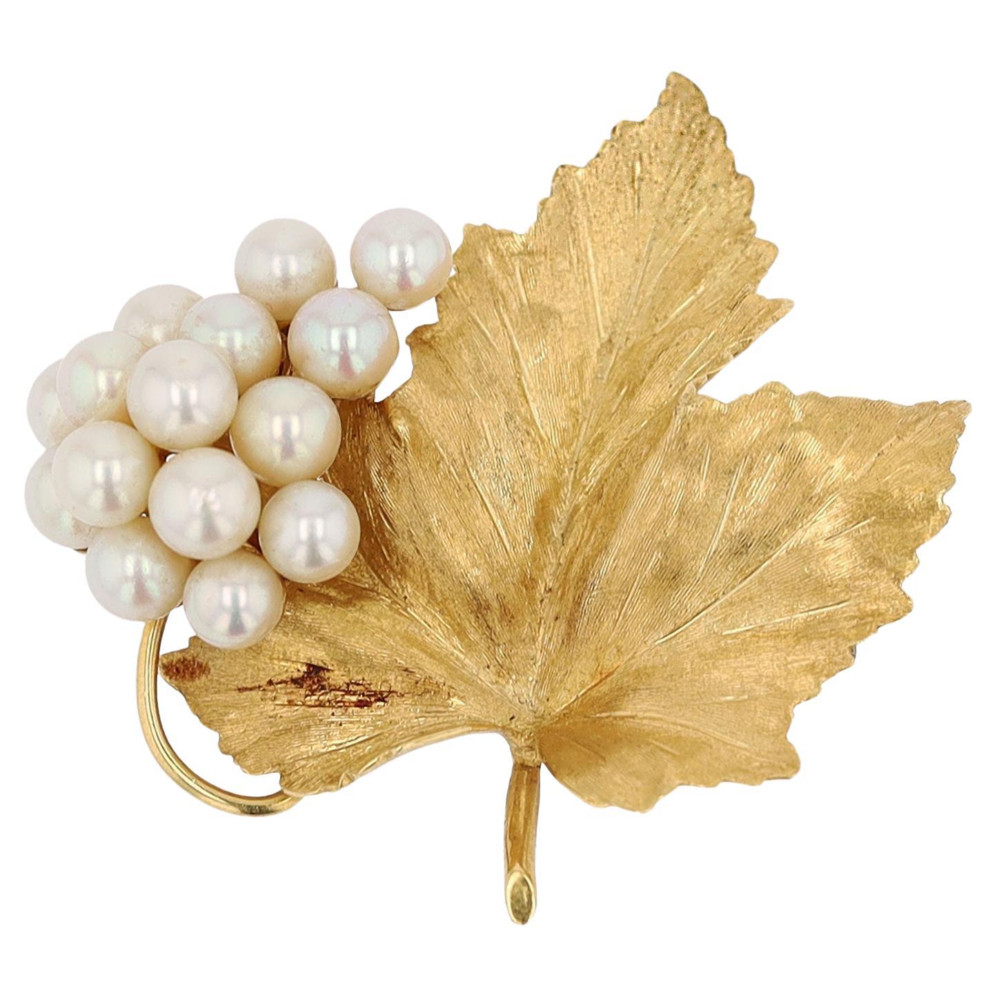 Antique 18k Gold Large Tiffany Grape Leaf Pearl Brooch For Sale