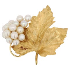 Tiffany Broche ancienne en or 18 carats avec grande feuille de raisin et perle