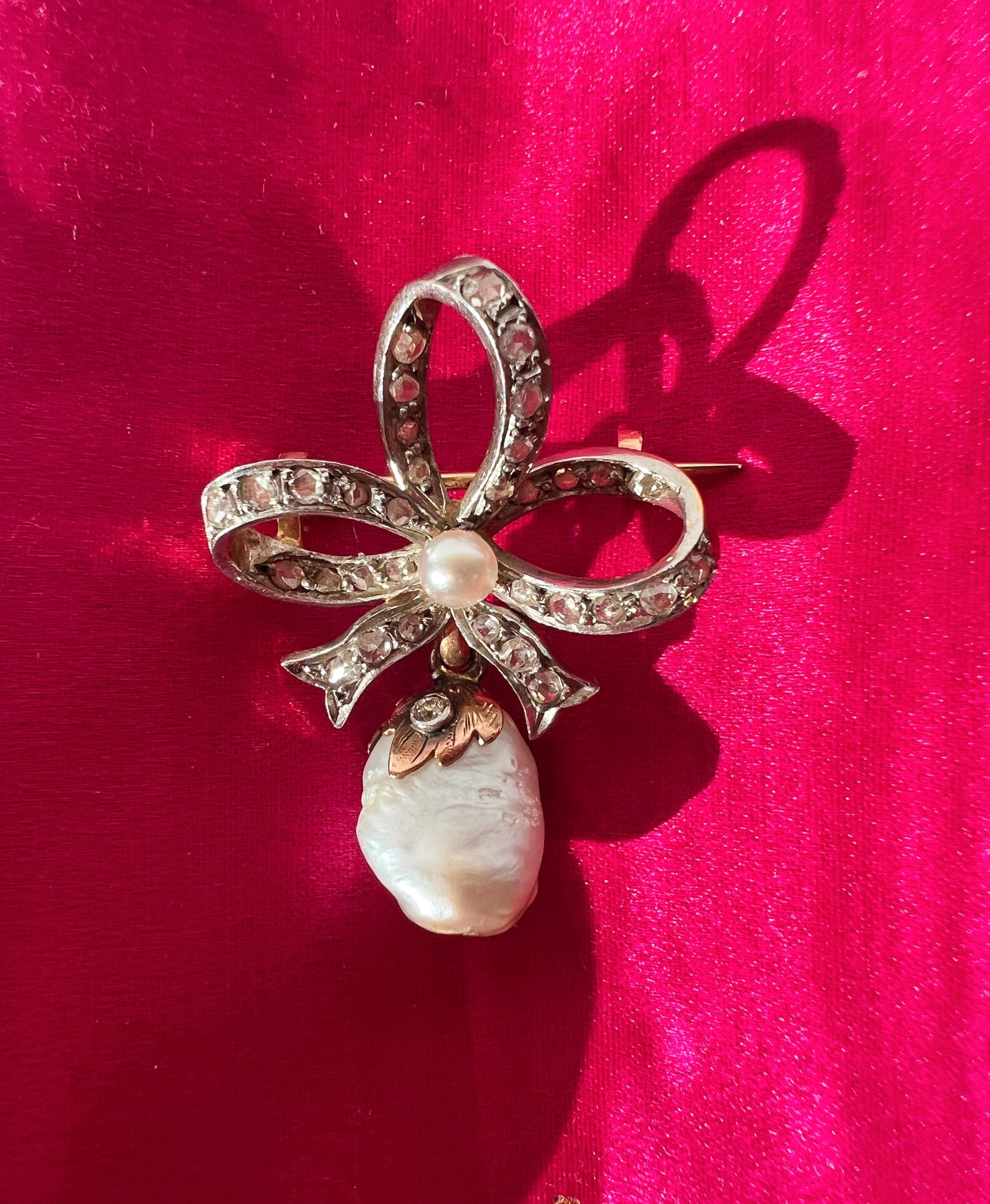 Victorian Antique 18k Gold LFG Certified Natural Pearl Diamond Bow Brooch For Sale