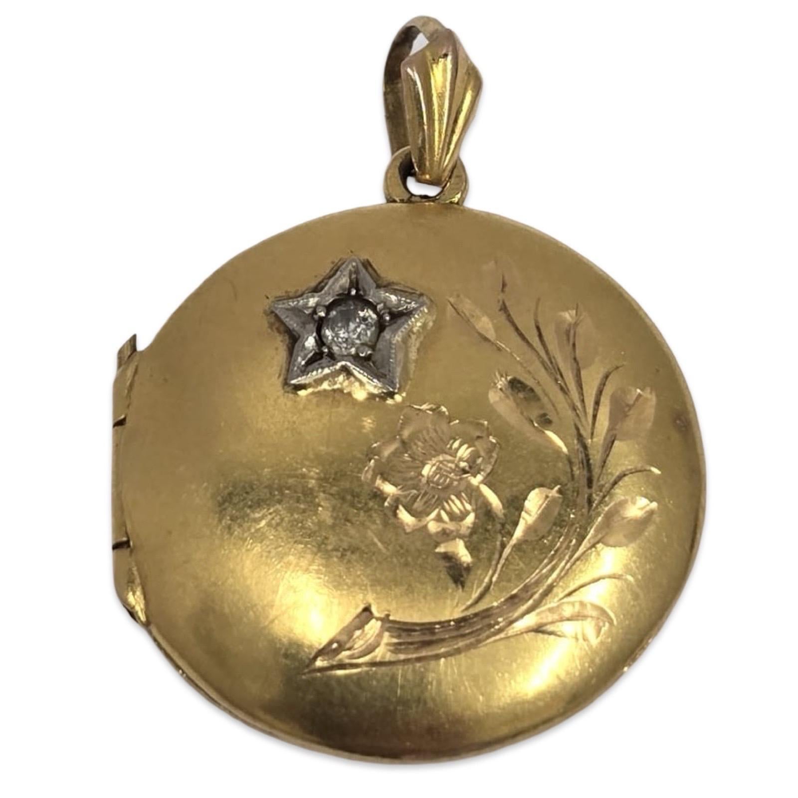 Pendentif médaillon ancien en or 18 carats avec diamant de taille européenne ancienne, gravure florale en vente 6
