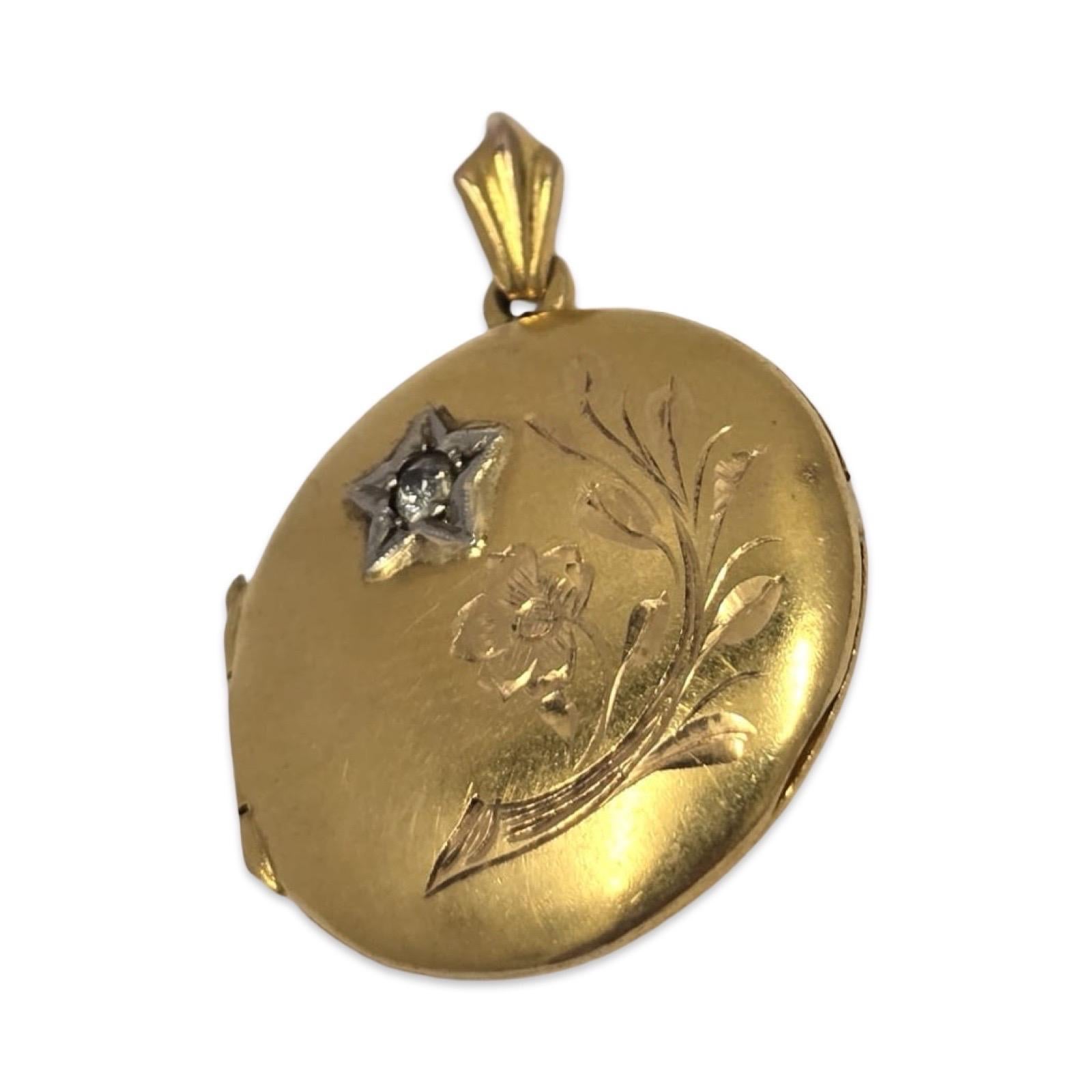 Pendentif médaillon ancien en or 18 carats avec diamant de taille européenne ancienne, gravure florale en vente 7