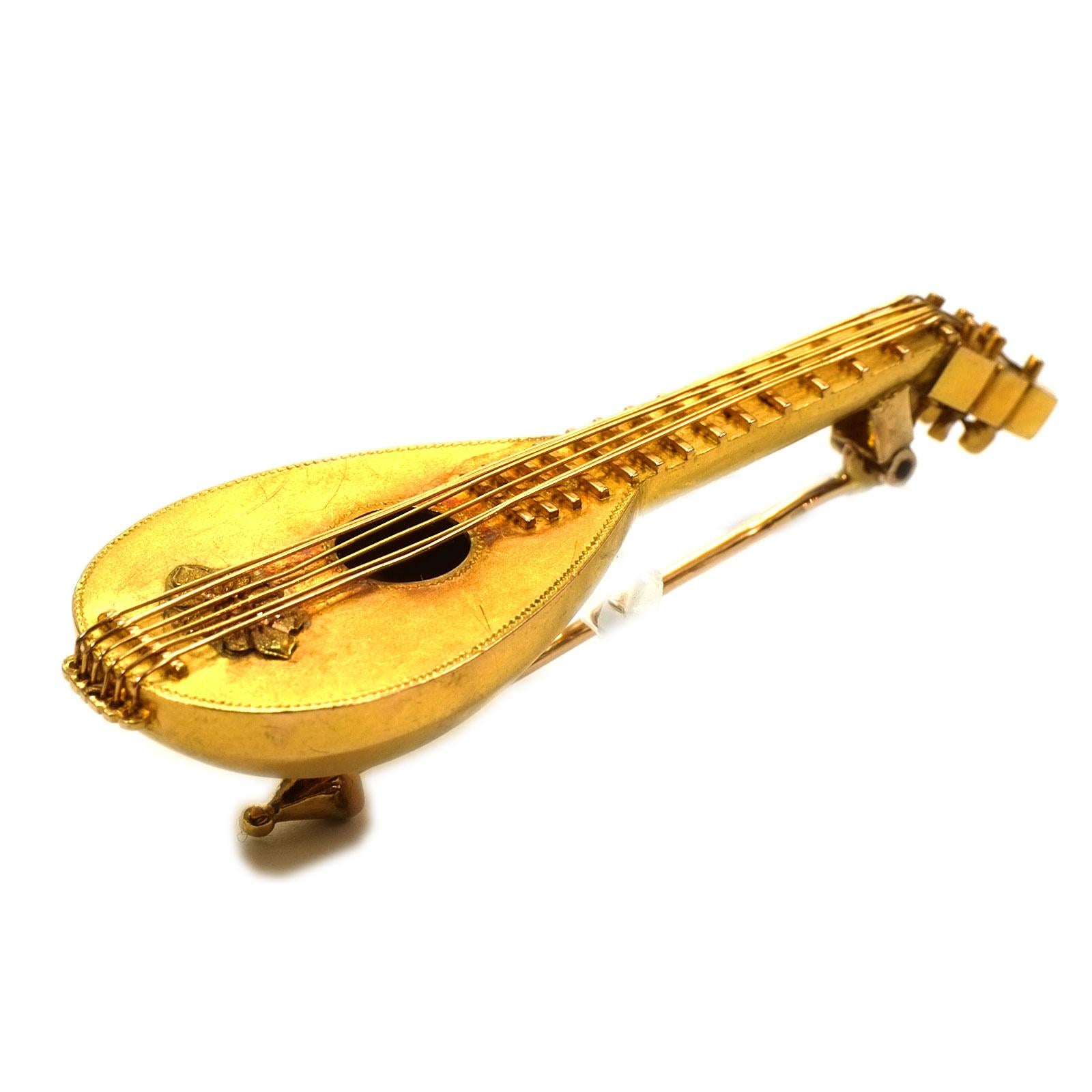 Late Victorian Antique 18 Karat Gold Mandolin Brooch, Paris, circa 1880 For Sale