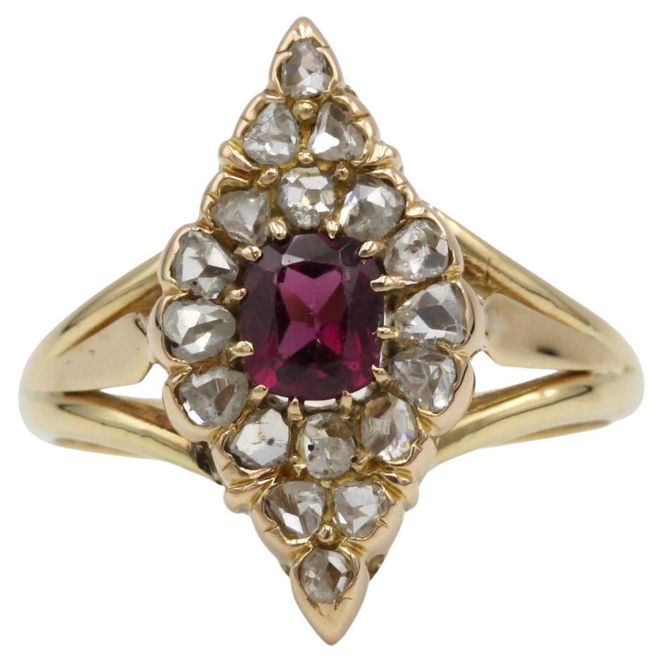Antique 18K Gold Marquise Ring with Rose-Cut Diamonds and Ruby