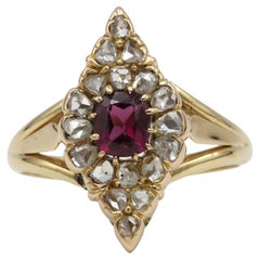 Antique 18K Gold Marquise Ring with Rose-Cut Diamonds and Ruby Antique 18K Gold Marquise Ring with Rose-Cut Diamonds and Ruby