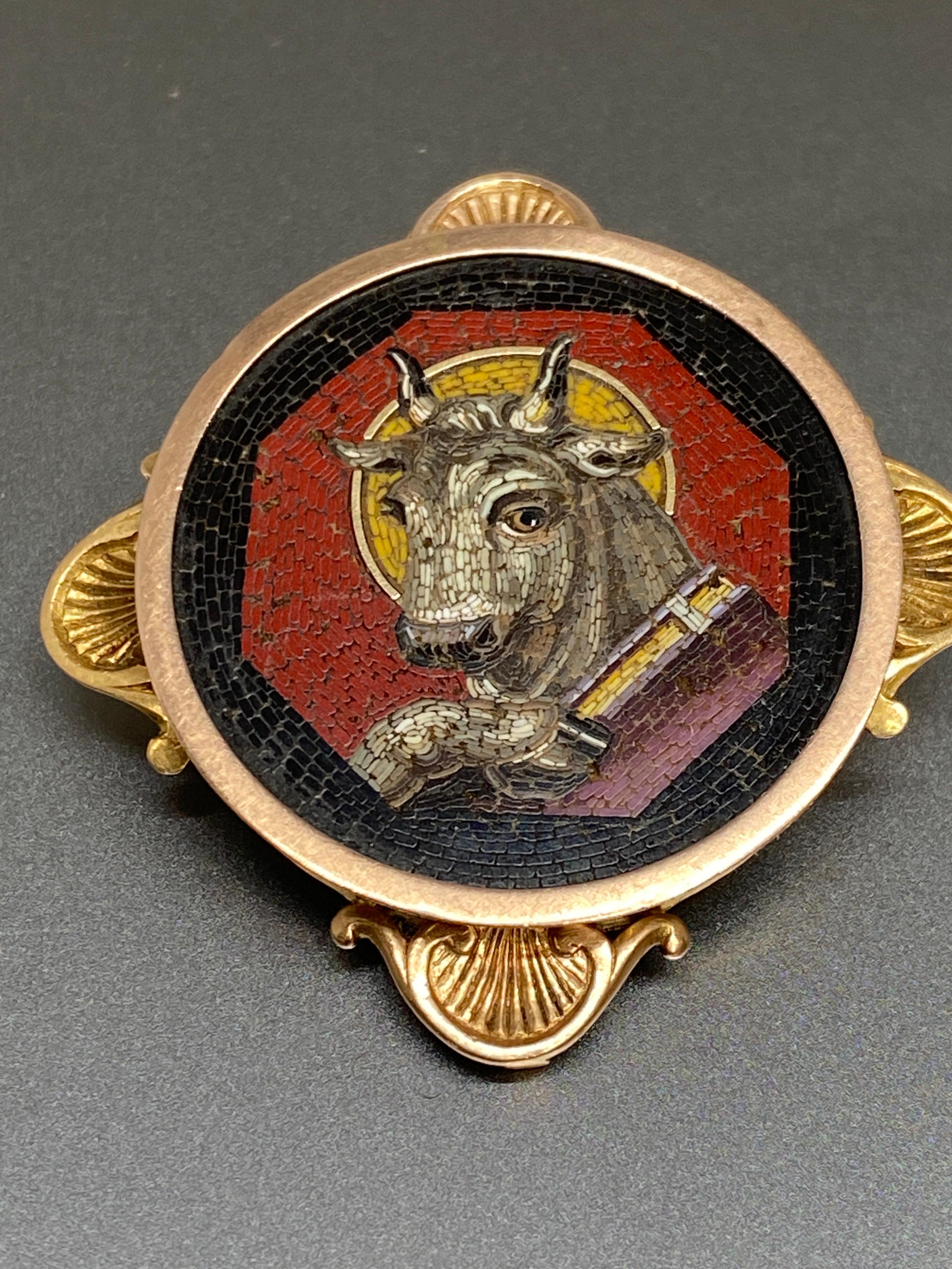 Antique 18k Gold MICRO MOSAIC St Luke The Bull, Taurus Victorian Brooch, Pin For Sale 6