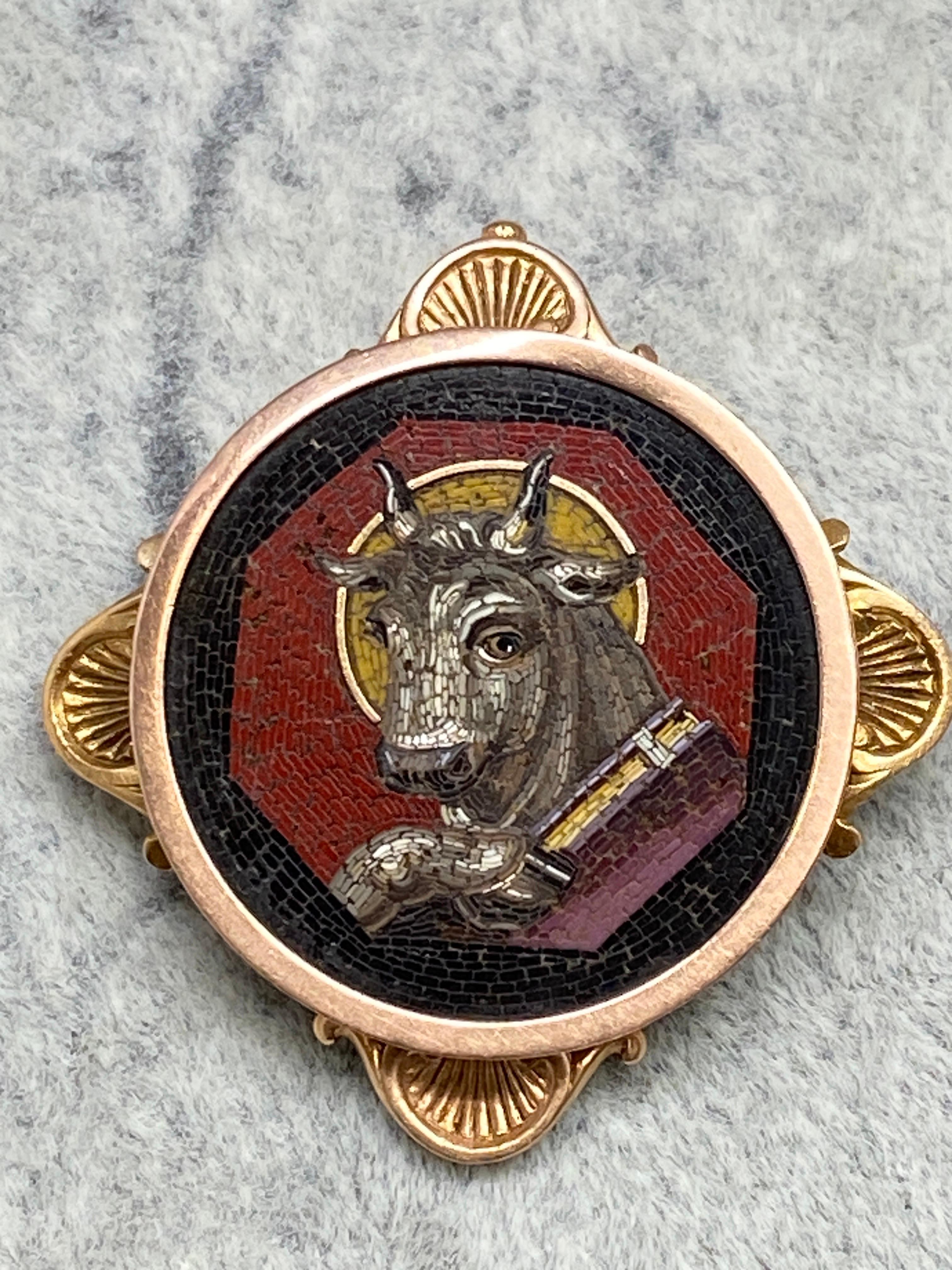 Antique 18k Gold MICRO MOSAIC St Luke The Bull, Taurus Victorian Brooch, Pin In Good Condition For Sale In Bernardsville, NJ