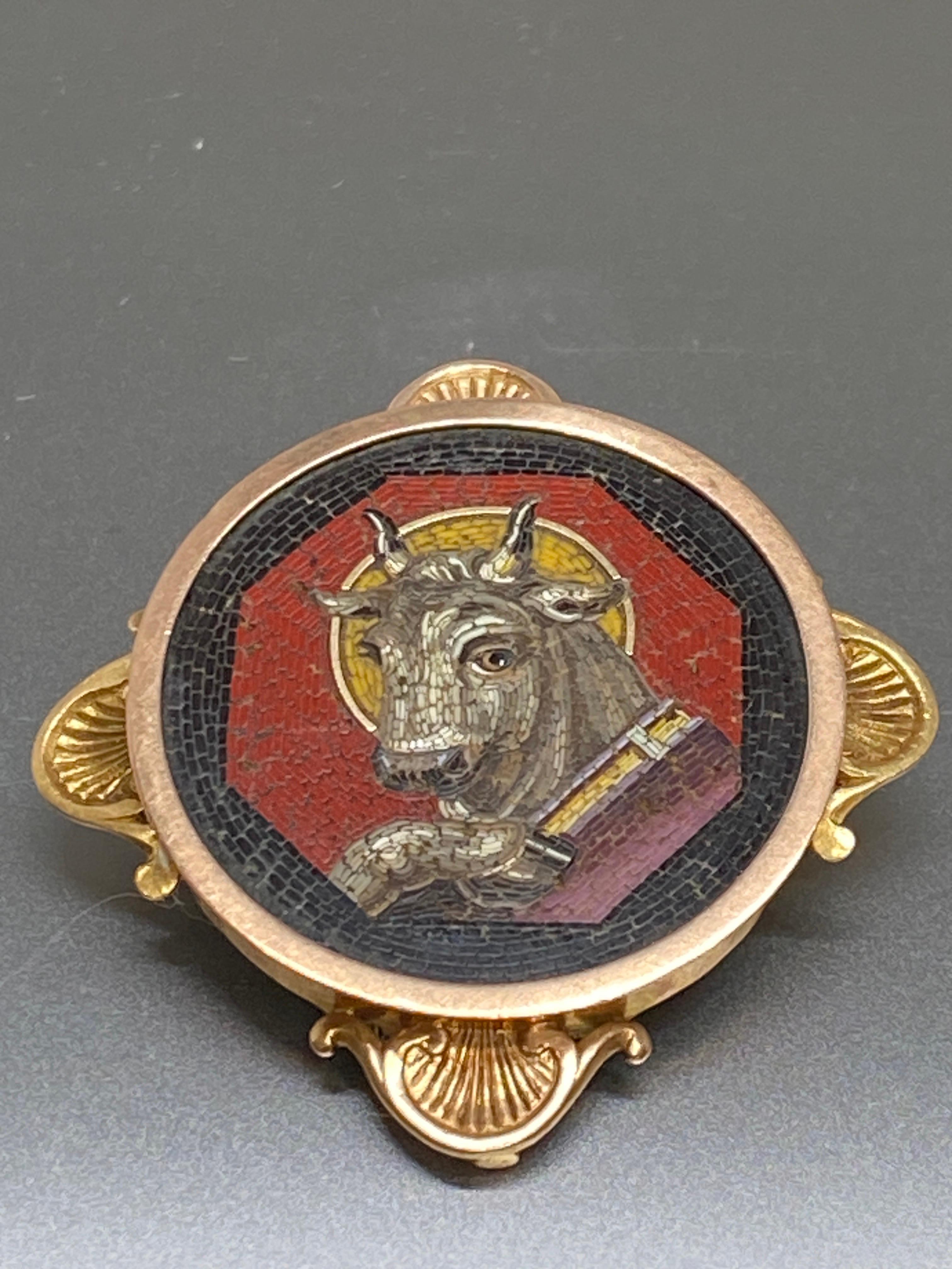 Women's or Men's Antique 18k Gold MICRO MOSAIC St Luke The Bull, Taurus Victorian Brooch, Pin For Sale
