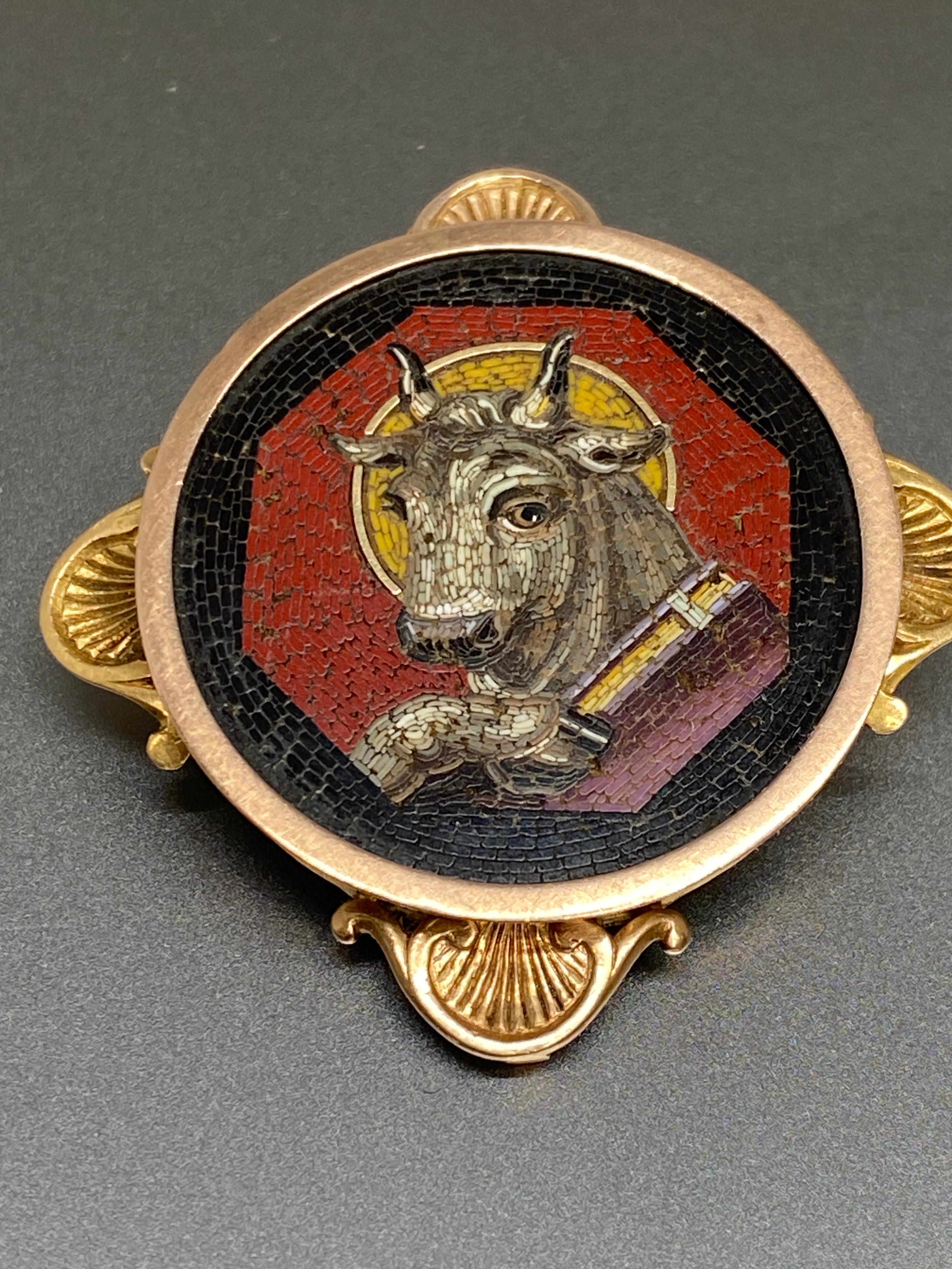Antique 18k Gold MICRO MOSAIC St Luke The Bull, Taurus Victorian Brooch, Pin For Sale 4