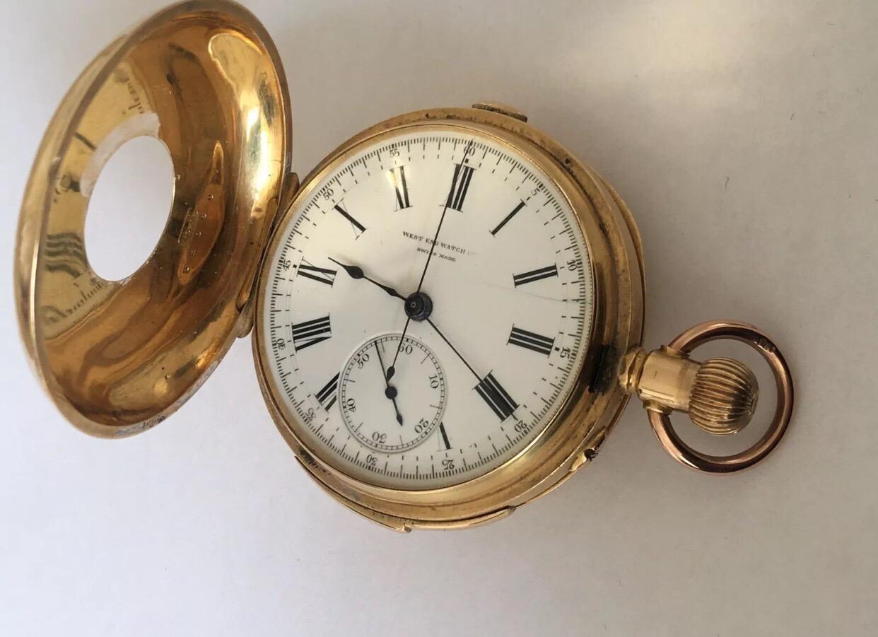 Antique 18 Karat Gold Minute Repeater Chronograph Half Hunter Pocket Watch In Good Condition For Sale In Carlisle, GB