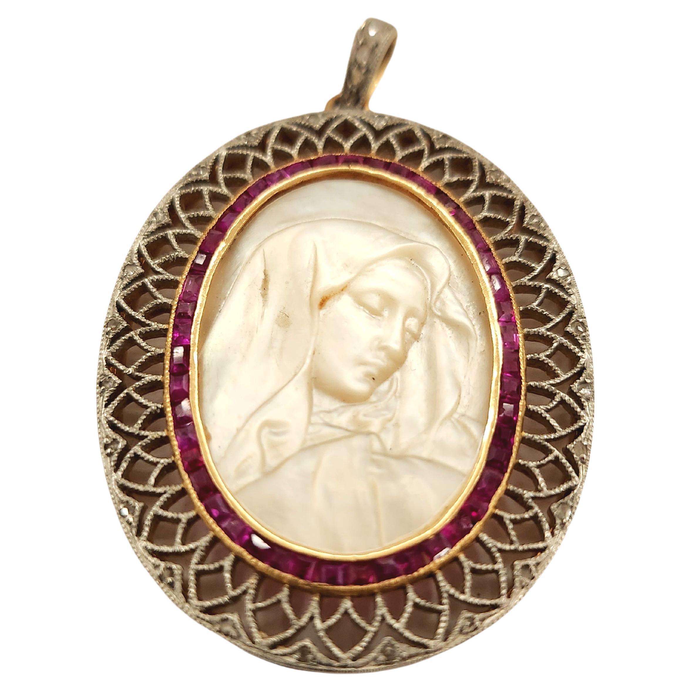 Antique Mother of Pearl Virgin Marry Diamond And Ruby Gold Pendant For Sale 1