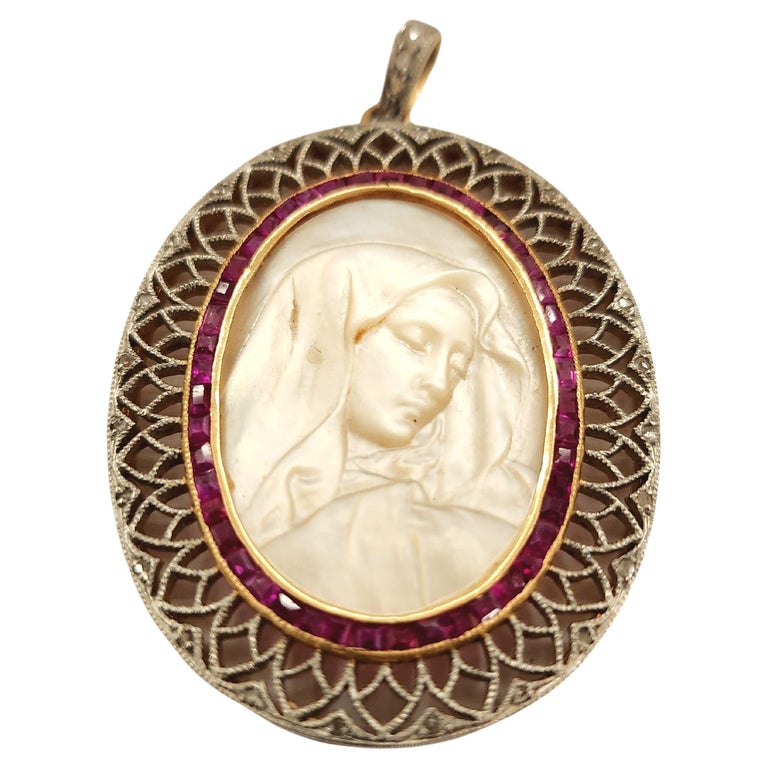Antique 18k Gold Mother of Pearl Virgin Marry Pendant For Sale at 1stDibs