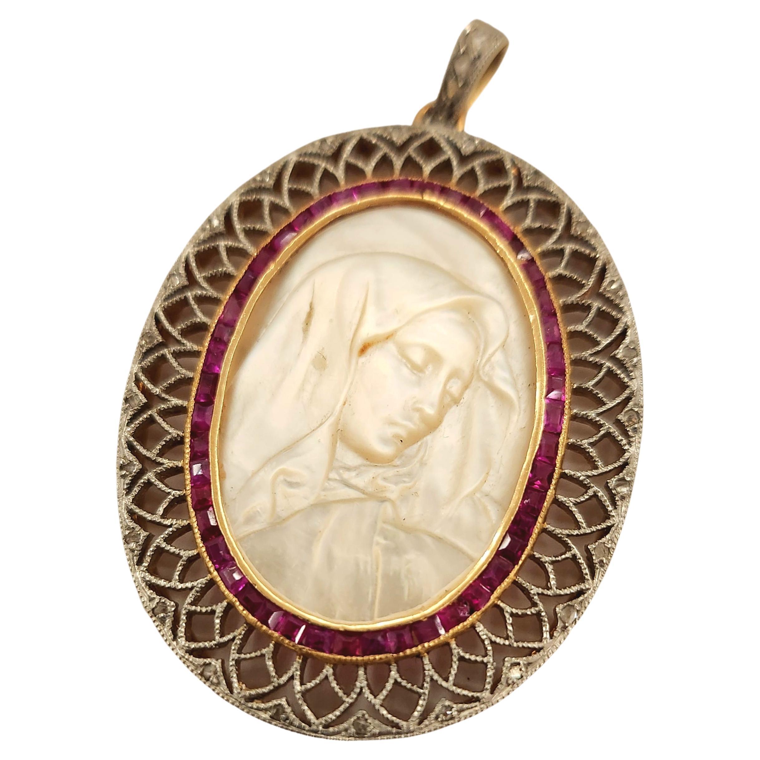 Antique Mother of Pearl Virgin Marry Diamond And Ruby Gold Pendant For Sale