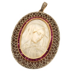 Antique Mother of Pearl Virgin Marry Diamond And Ruby Gold Pendant