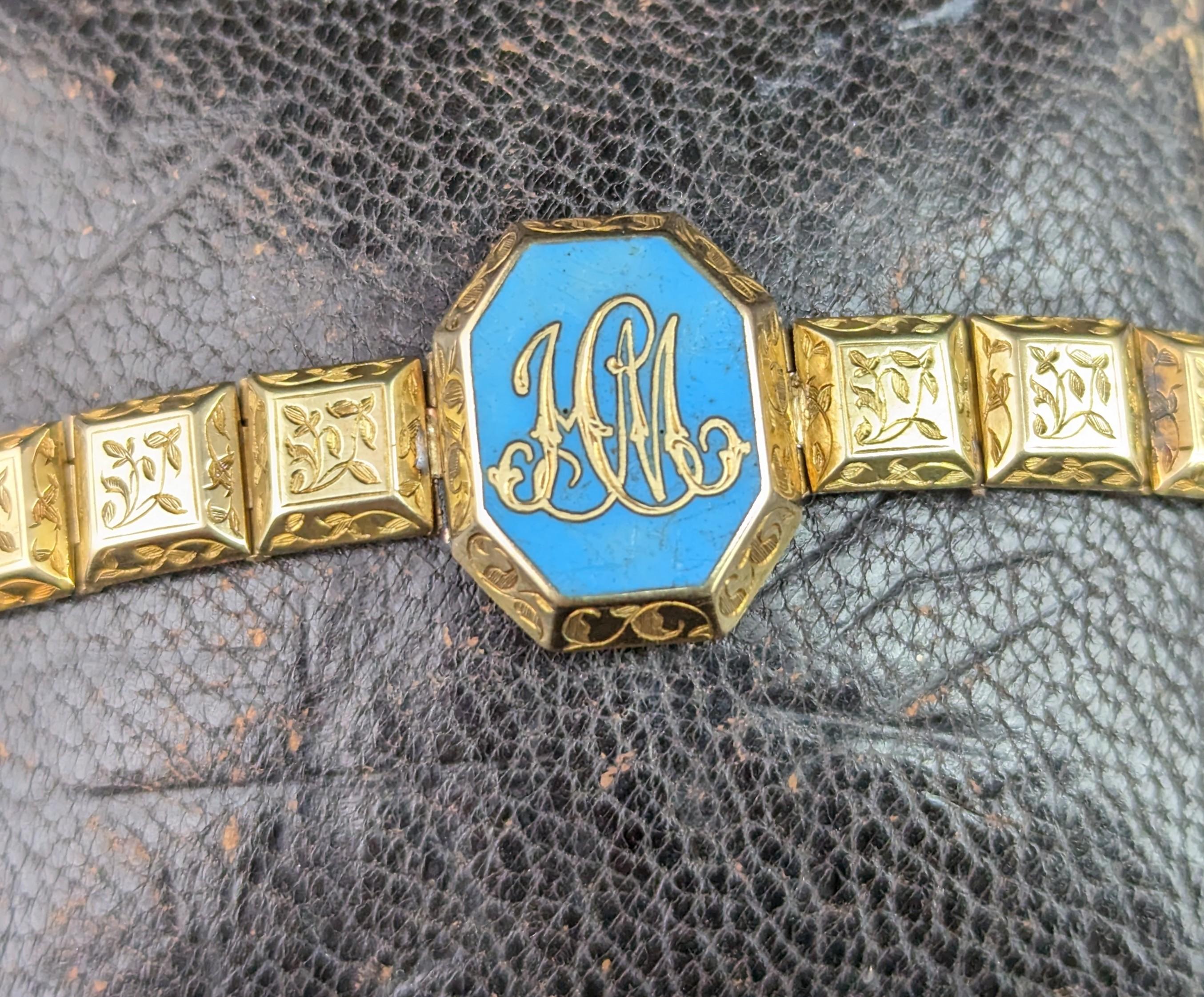 Antique 18k Gold Mourning Bracelet, Blue Enamel, Victorian For Sale 3