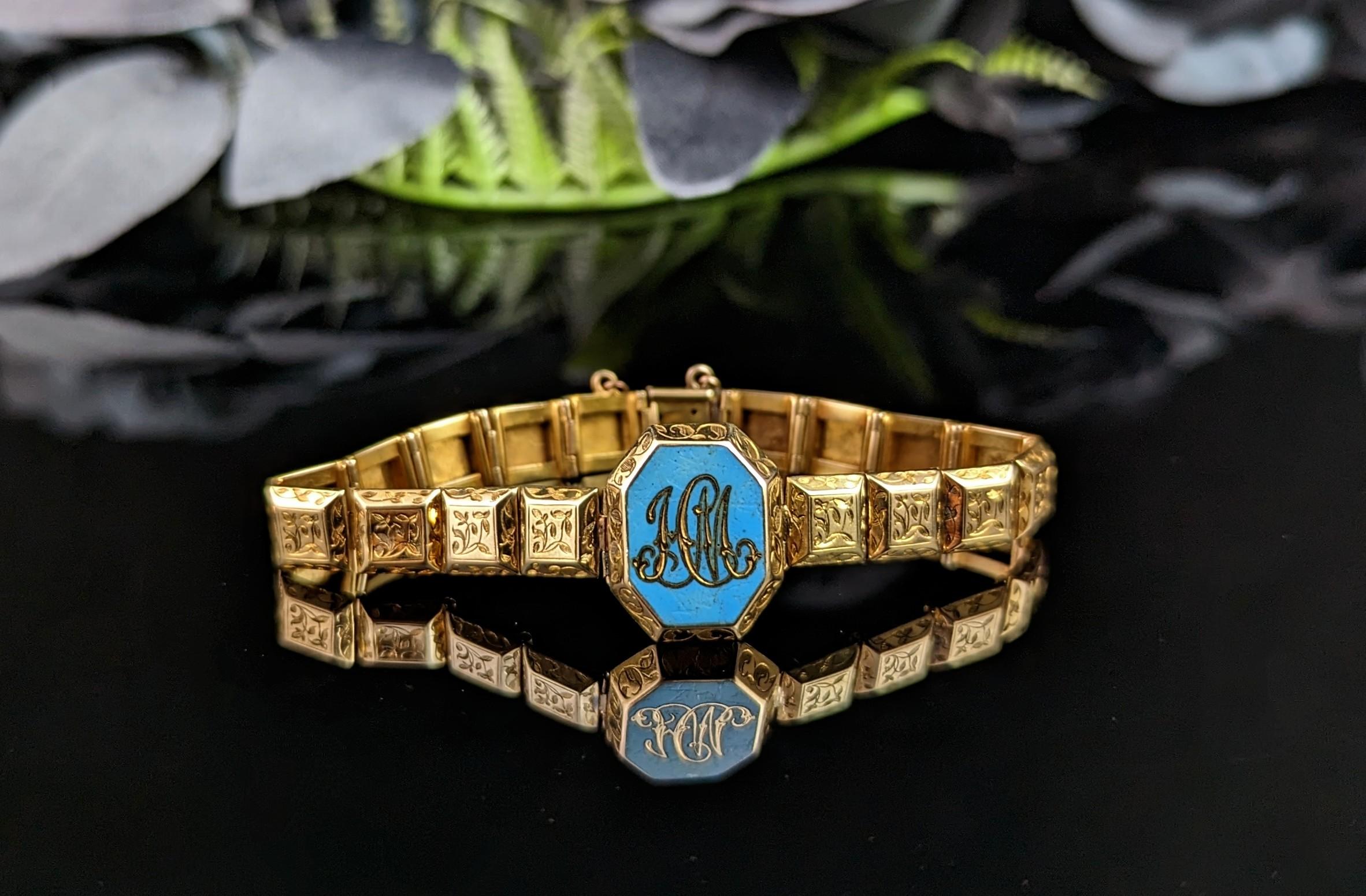 Antique 18k Gold Mourning Bracelet, Blue Enamel, Victorian For Sale 6