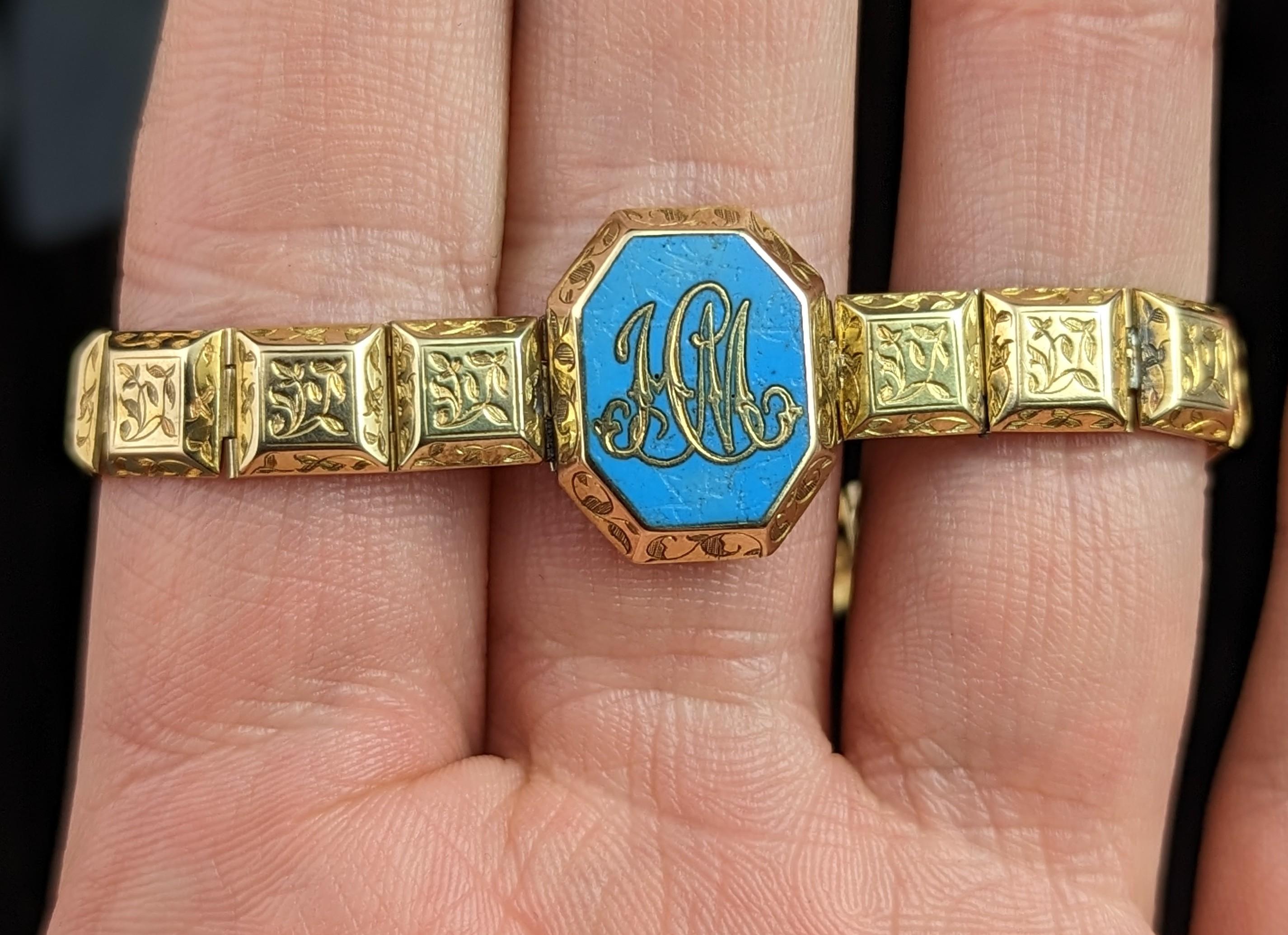 Antique 18k Gold Mourning Bracelet, Blue Enamel, Victorian For Sale 7