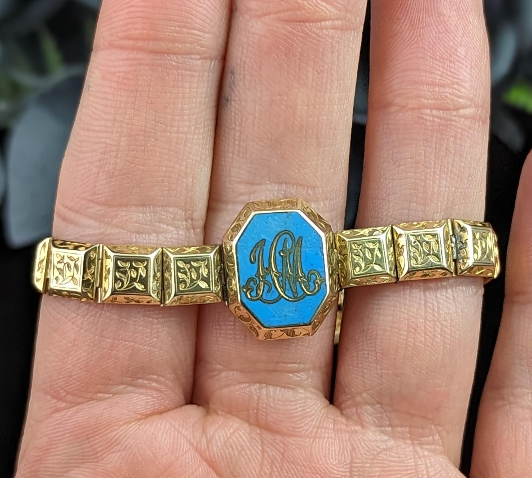 Antique 18k Gold Mourning Bracelet, Blue Enamel, Victorian For Sale 9