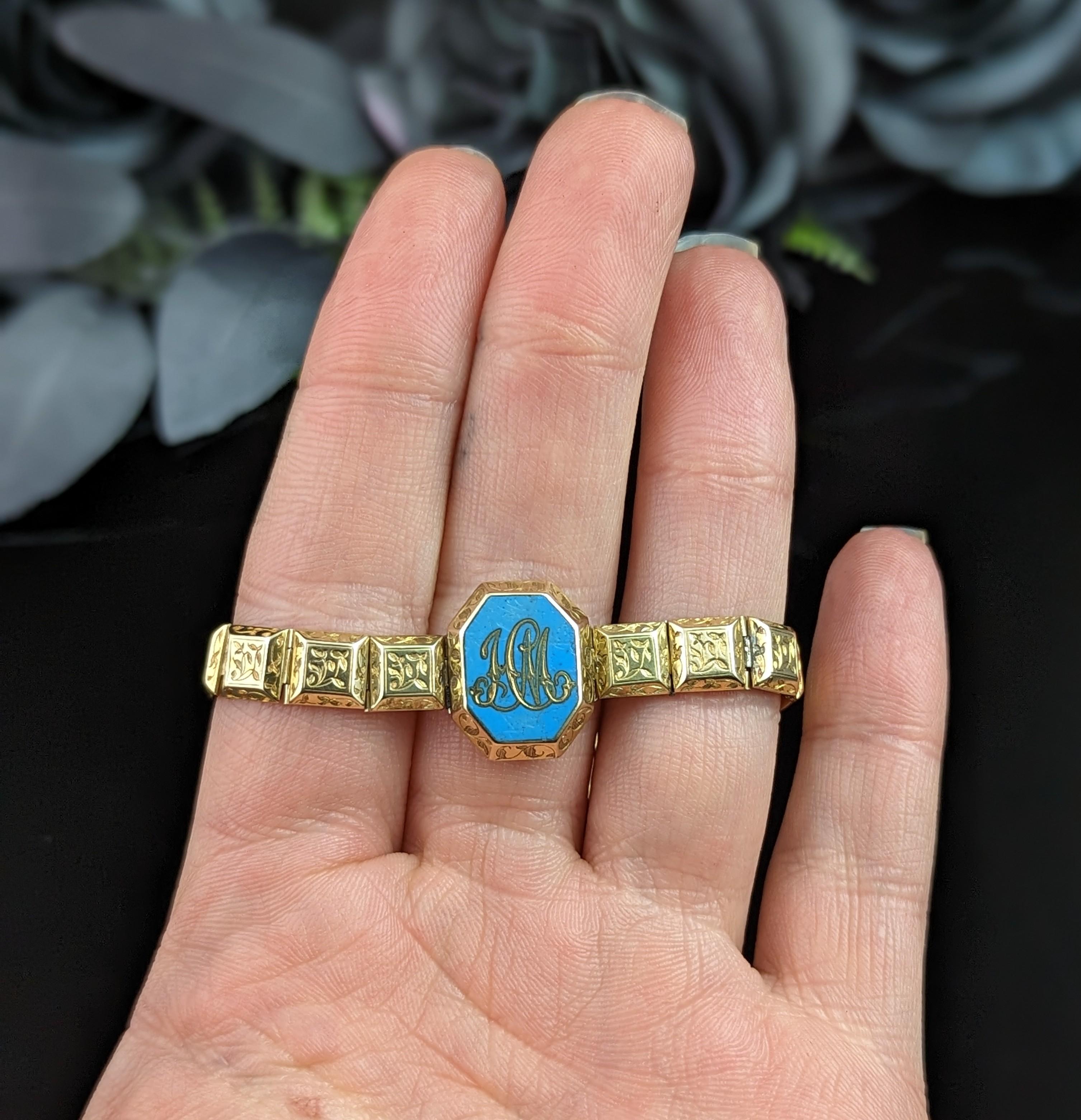 Antique 18k Gold Mourning Bracelet, Blue Enamel, Victorian For Sale 10