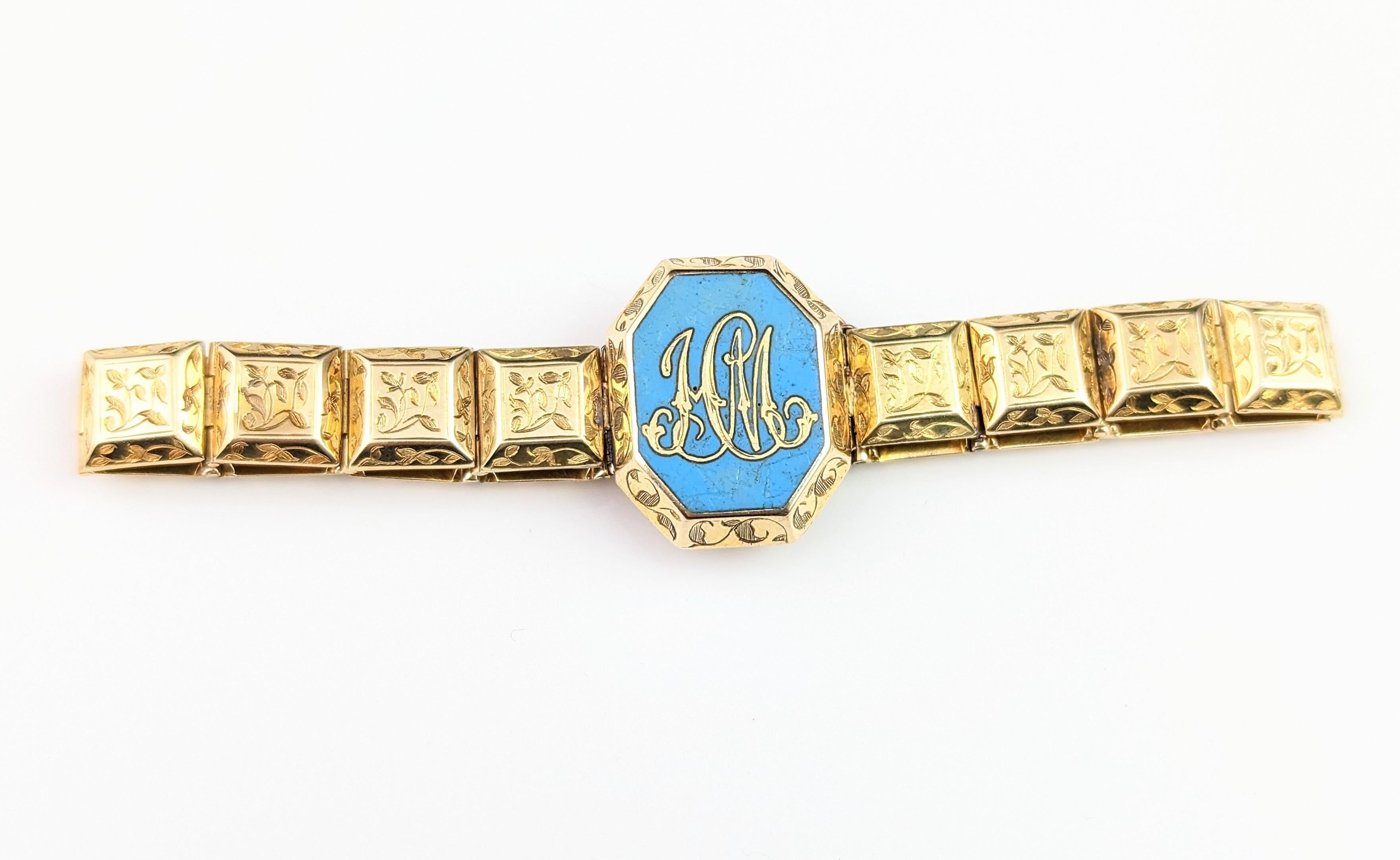 Bracelet de deuil victorien ancien en or 18 carats, émail bleu en vente 11