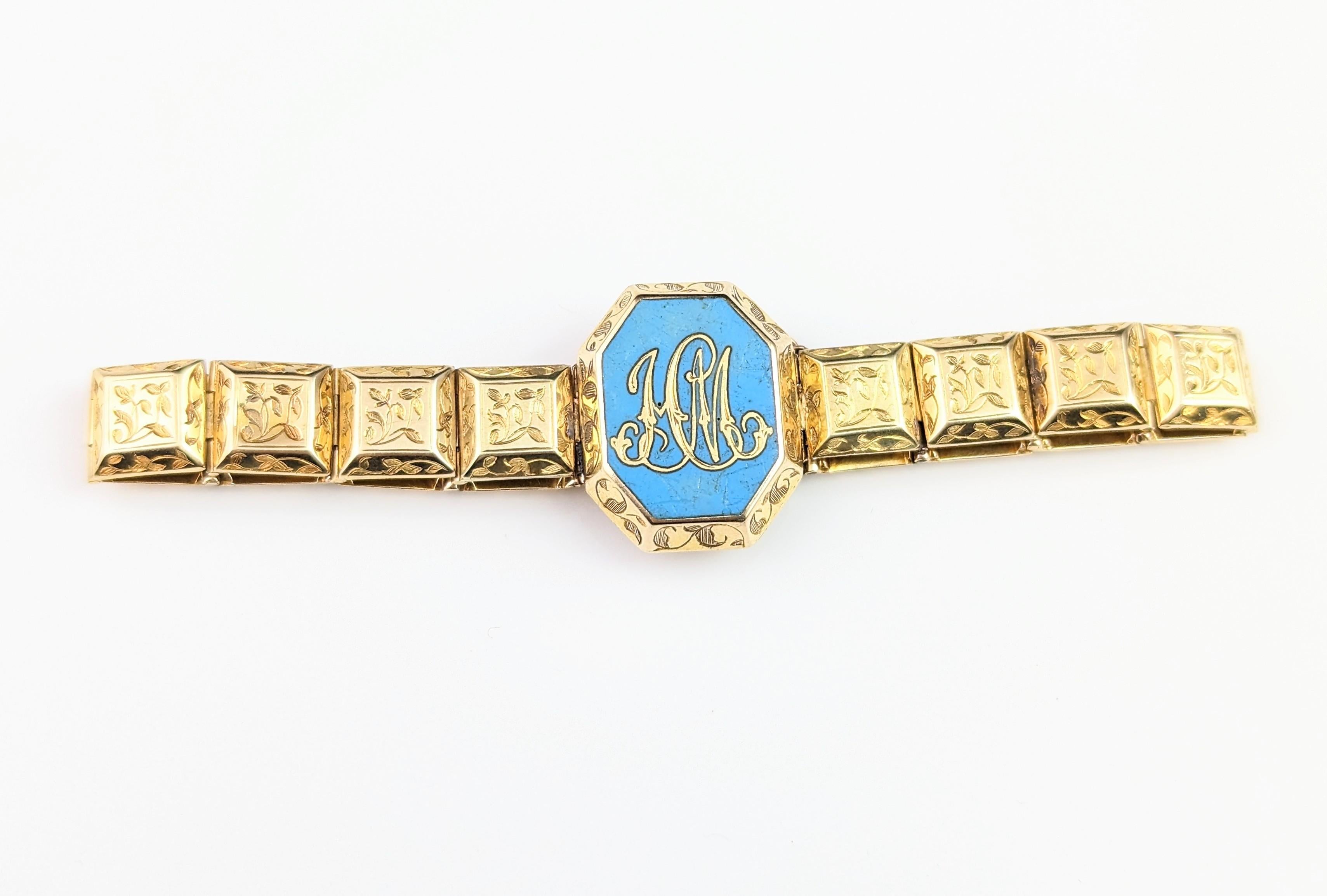 Bracelet de deuil victorien ancien en or 18 carats, émail bleu en vente 12