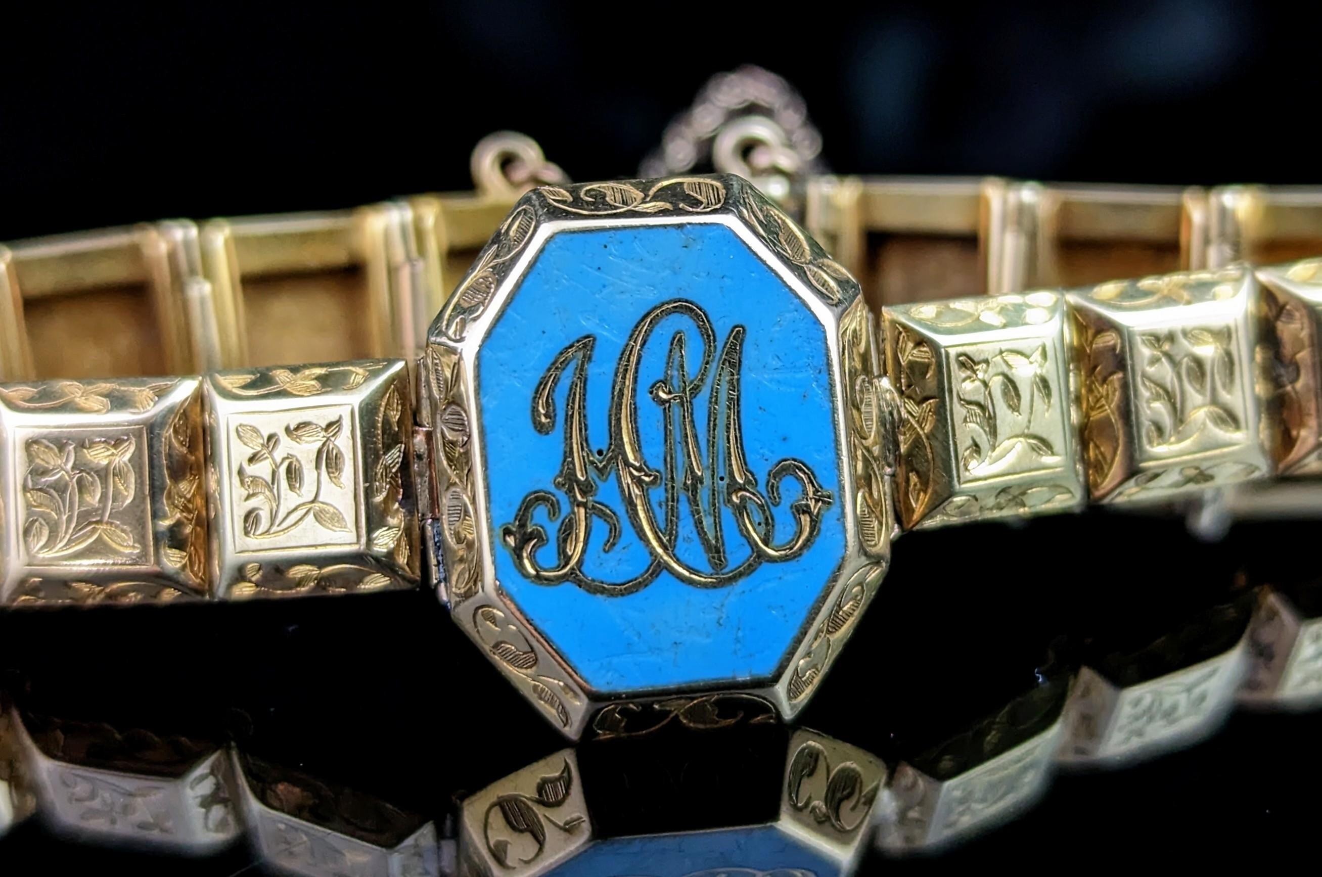 Antikes Trauerarmband aus 18 Karat Gold, blaue Emaille, viktorianisch (Viktorianisch) im Angebot