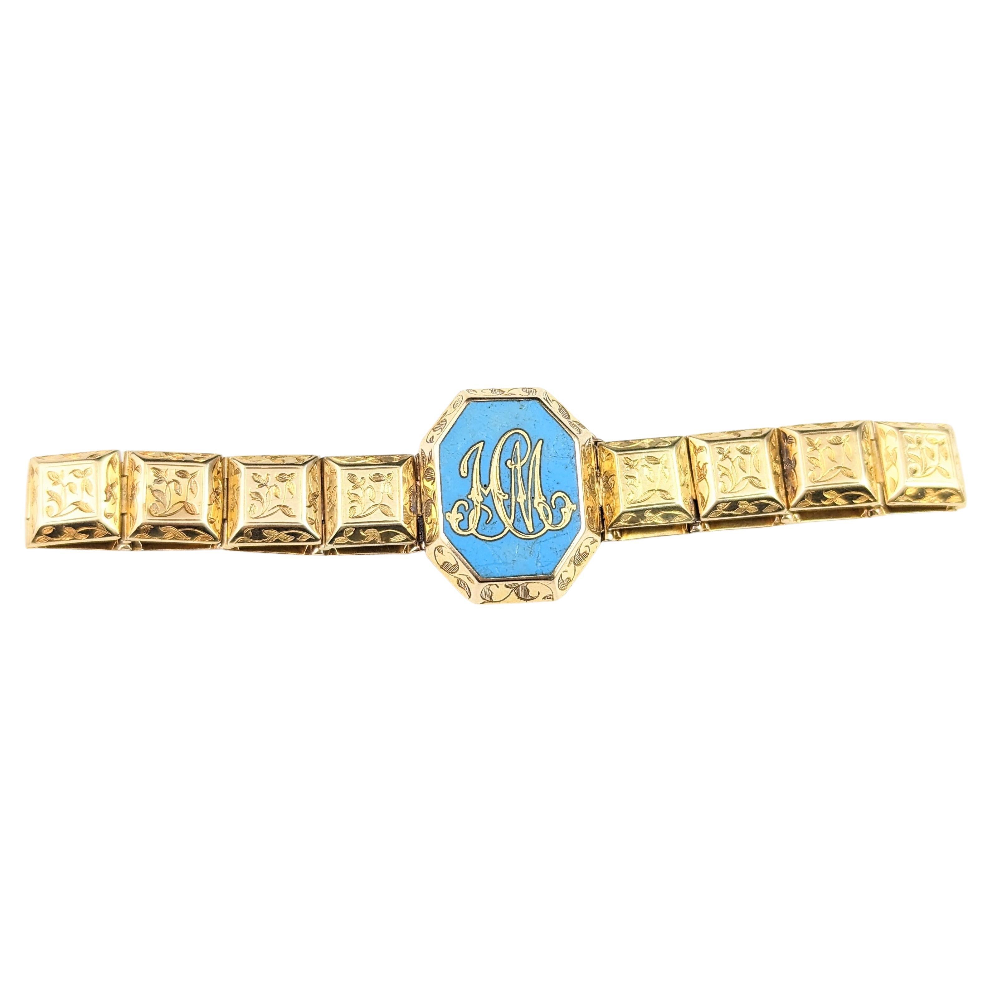 Bracelet de deuil victorien ancien en or 18 carats, émail bleu en vente